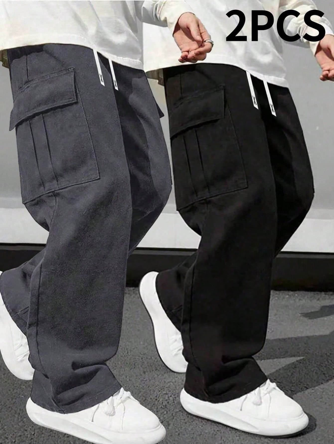 2pcs/Set Boys/Teenagers Casual Sports Outdoor Cargo Pants, Large Pocket Design, Spring/Autumn Style, Lightweight Polyester Fabric
