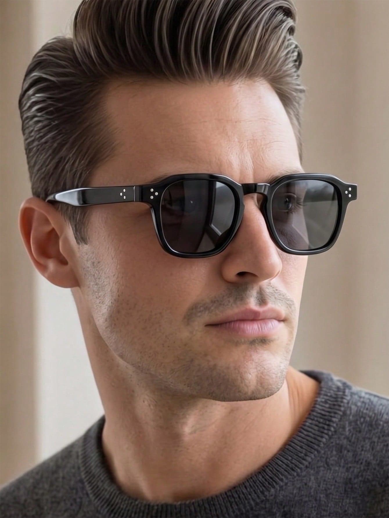 1 Pair Men's Black Square PC Frame Minimalist Solid Color Personalized Rivet Fashion Glasses