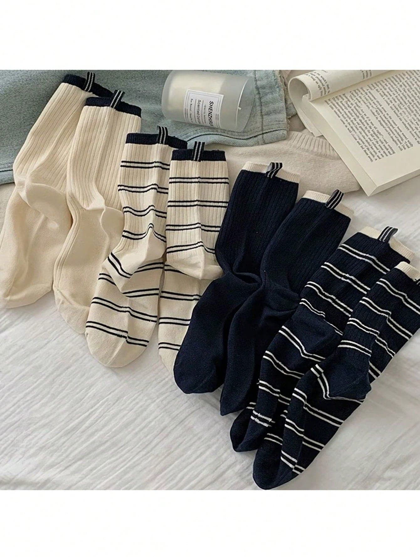 4 Pairs 2026 New Women's Striped Retro Socks, All Season Wear, Unisex, Women's Casual Mid-Calf Socks, Student Retro Socks, Versatile Academy Style Ins Women's Socks, Solid Color Slouch Socks
