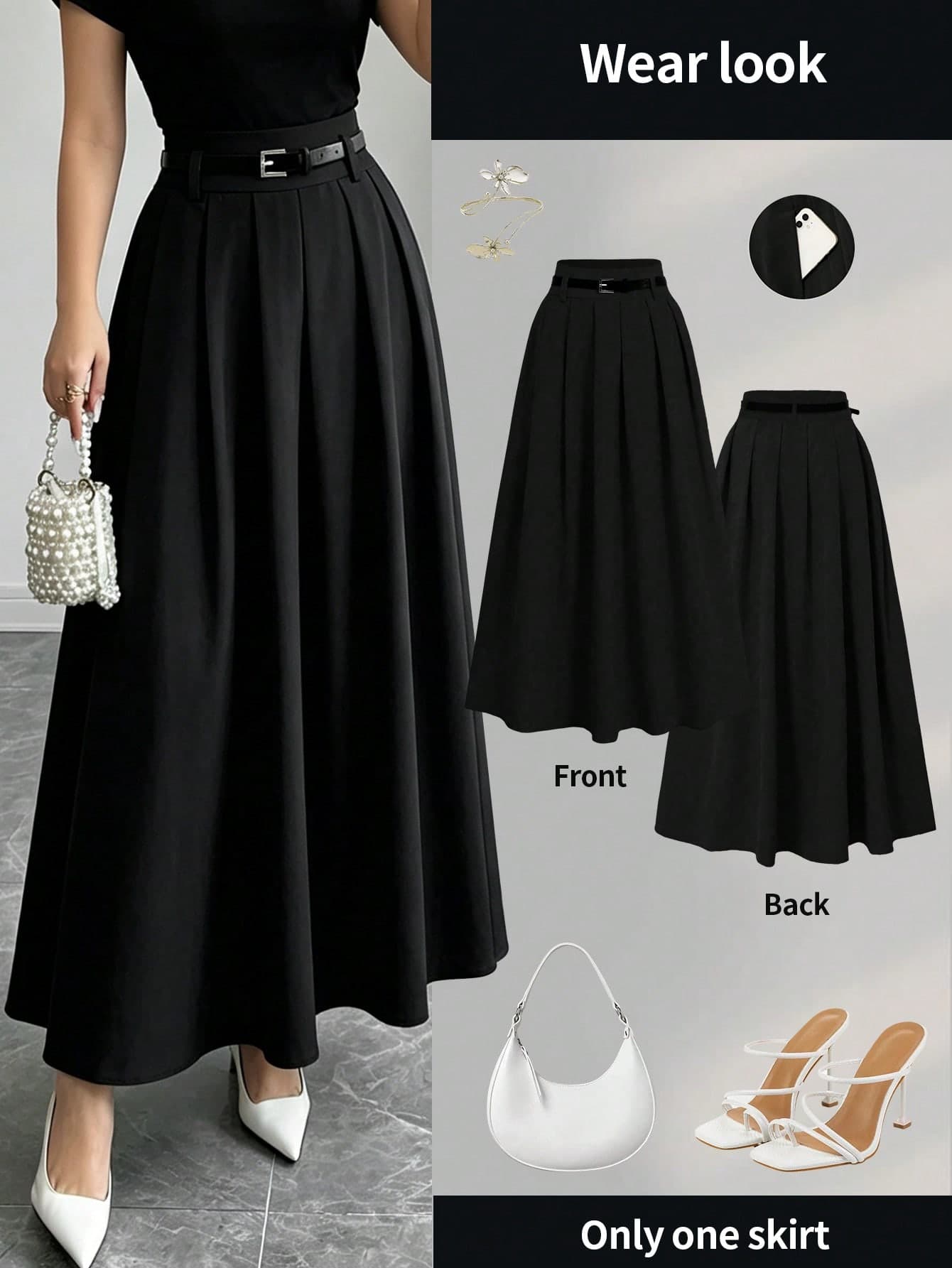 Women's Decorative Belt High Waist Long Pleated A-Line Skirt Casual Black Spring