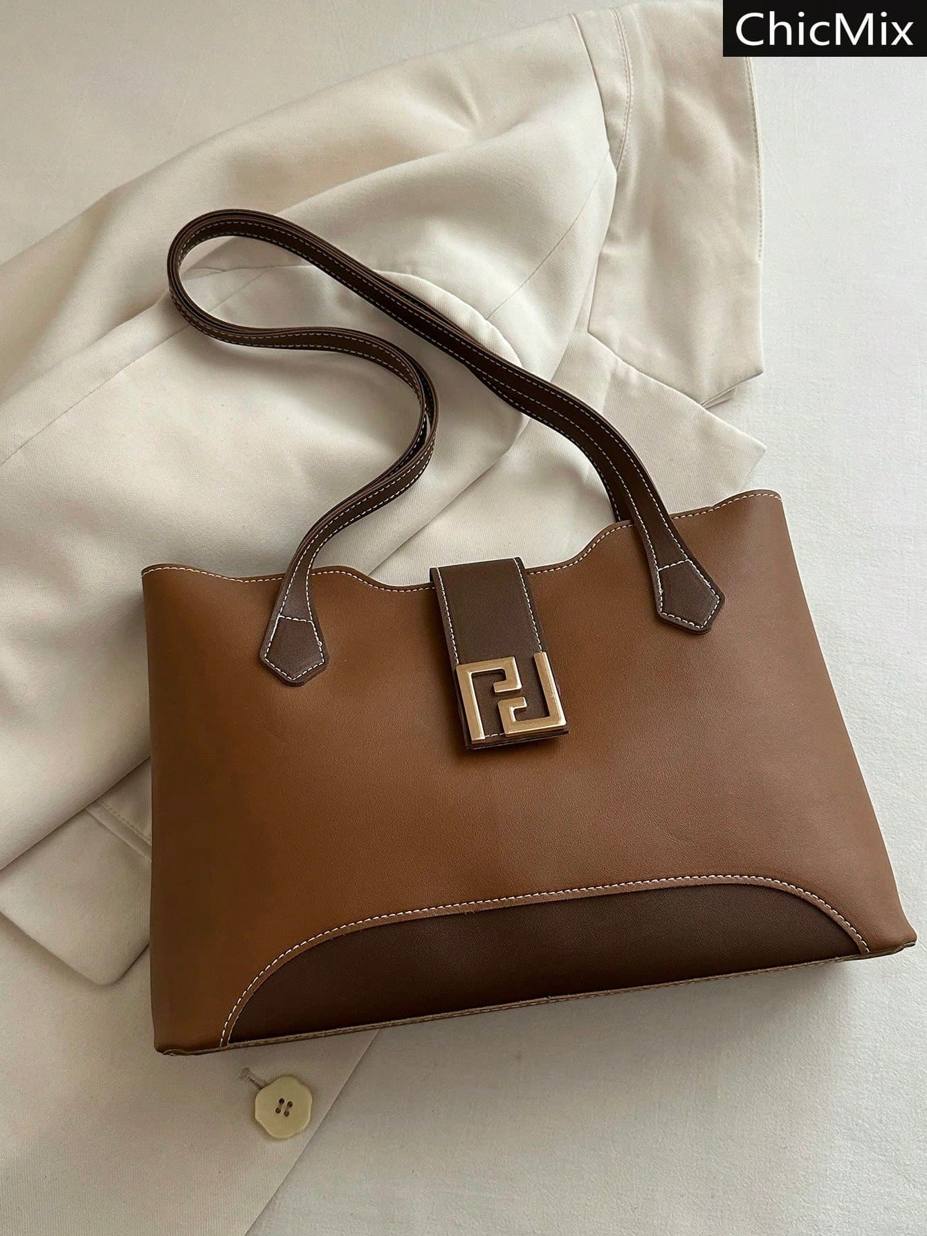 Classic Versatile Colorblock Patchwork Large Capacity Handbag, Fashion Hardware Buckle Design Women's Shoulder Tote Bag, Suitable For Shopping, Wallet, Shopping, Young Women, College Students, Newcomers, White-Collar Workers. They Are Perfect For Office, University, Work, Business, Commuting, Outdoor Activities, Travel And Outings