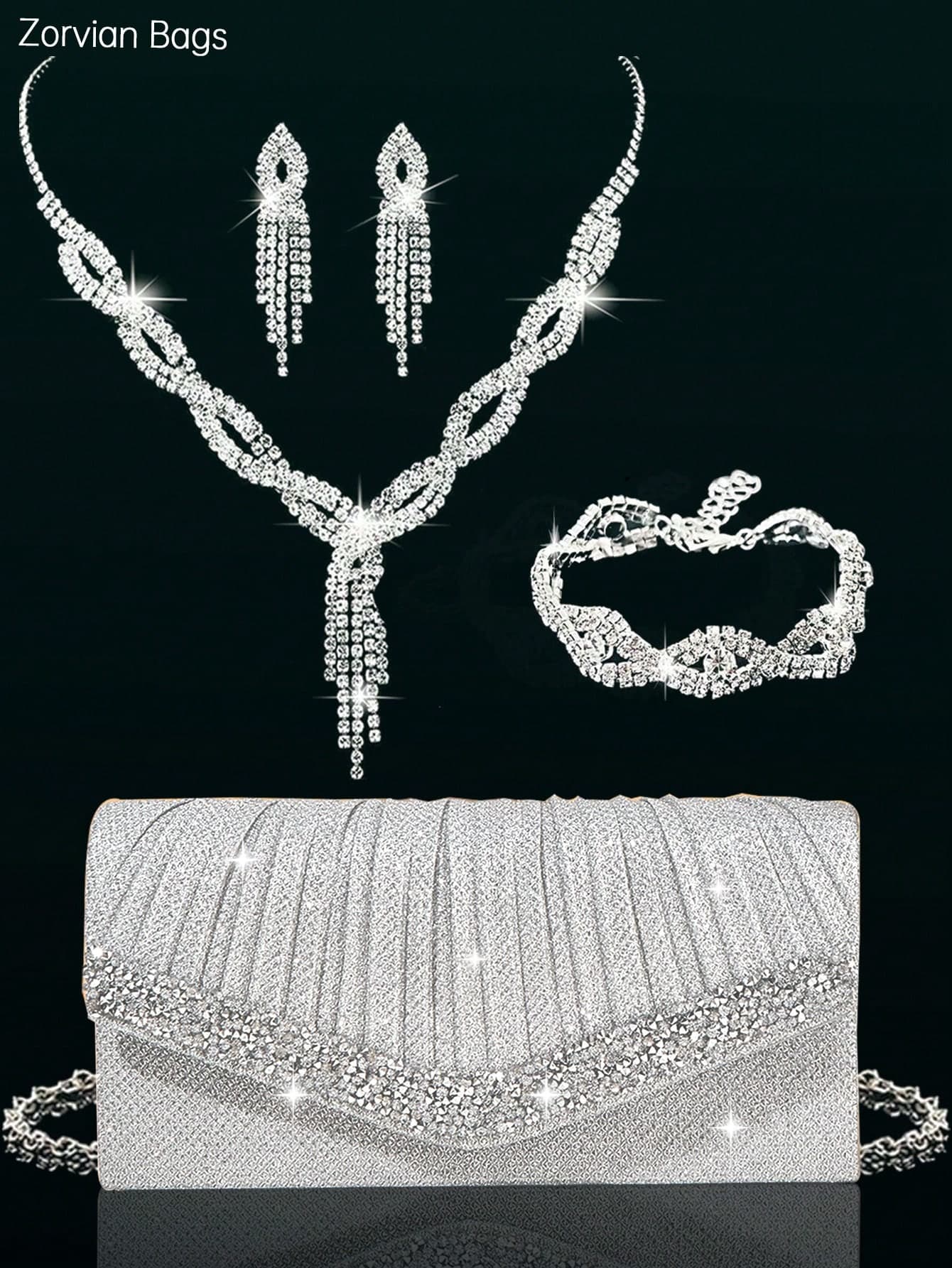 REMANLAND 4-Piece Evening Jewelry Set, Luxury Rhinestone Pendant Necklace, Earrings, Bracelet, Paired With V-Shaped Rhinestone Envelope Clutch Bag, Shiny Women's New Evening Bag Party Bag, Suitable For Parties, Balls, Evening Events, Weddings, Gatherings