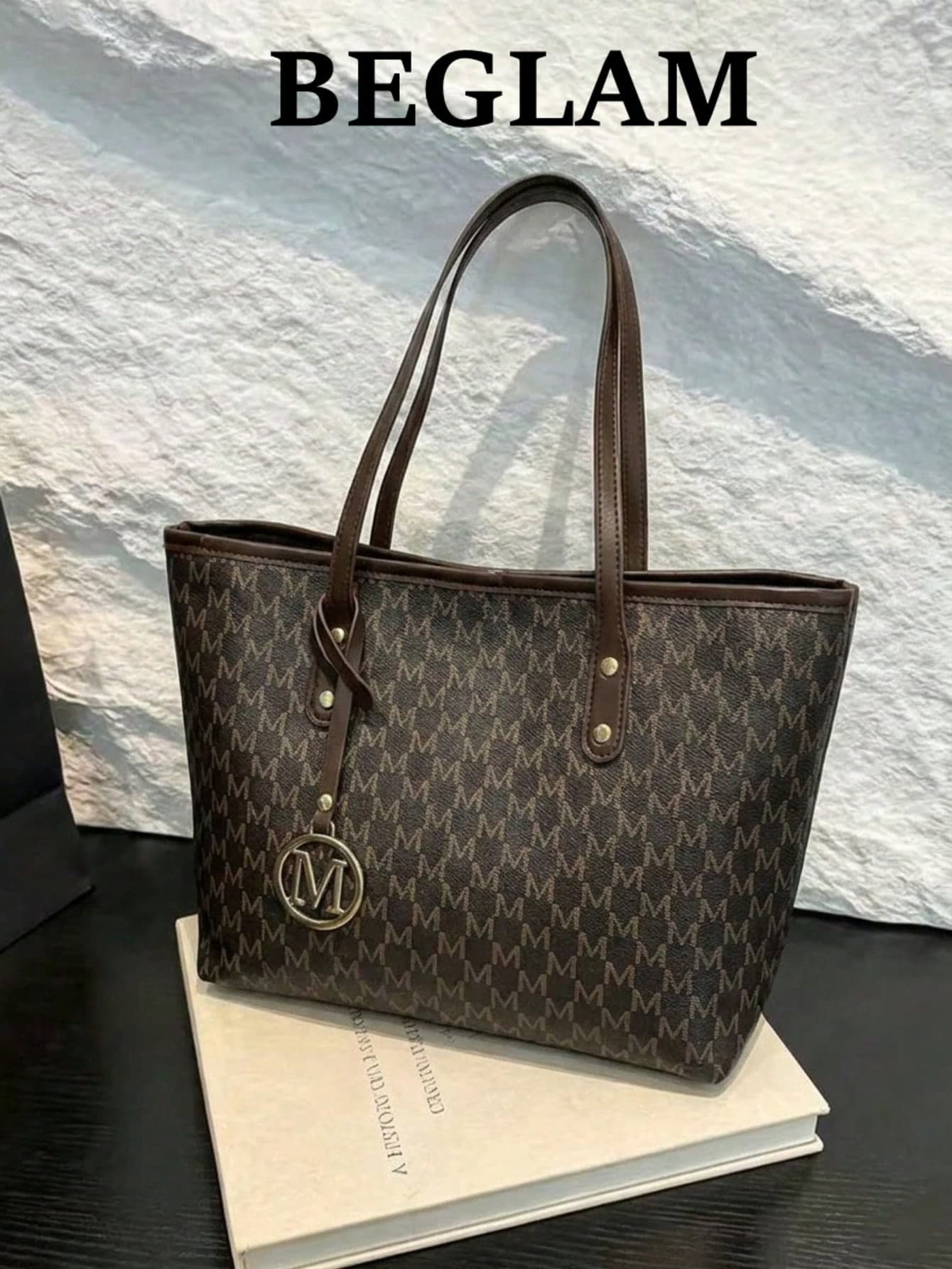 All-Over Print Shoulder Handbag, Vintage Letter Print Handbag, Large Capacity Shoulder Bag, Perfect Commuter Underarm Bag, Women's Handbag