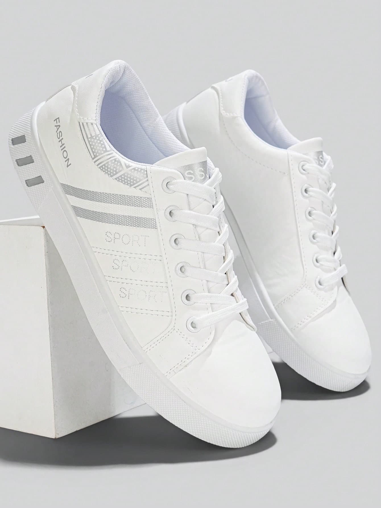 Flipark Men's Striped Lace-Up Skateboard Shoes - Durable PU Leather Upper, Breathable Fabric Lining, Cloth Insole, Non-Slip PVC Sole, Round Toe Design, Suitable For Outdoor Casual Wear In Spring, Summer, Autumn, Winter