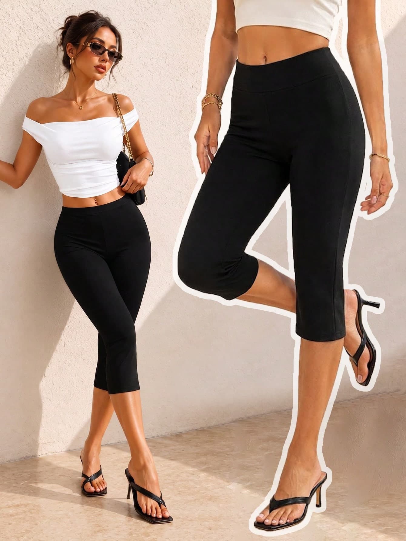 Black High-Waist Butt-Lifting 7/8 Length Tight Leggings, Slim-Fit Knee-Length Sports Pants, Suitable For Women's Daily Casual Streetwear, Running, Yoga Summer Set