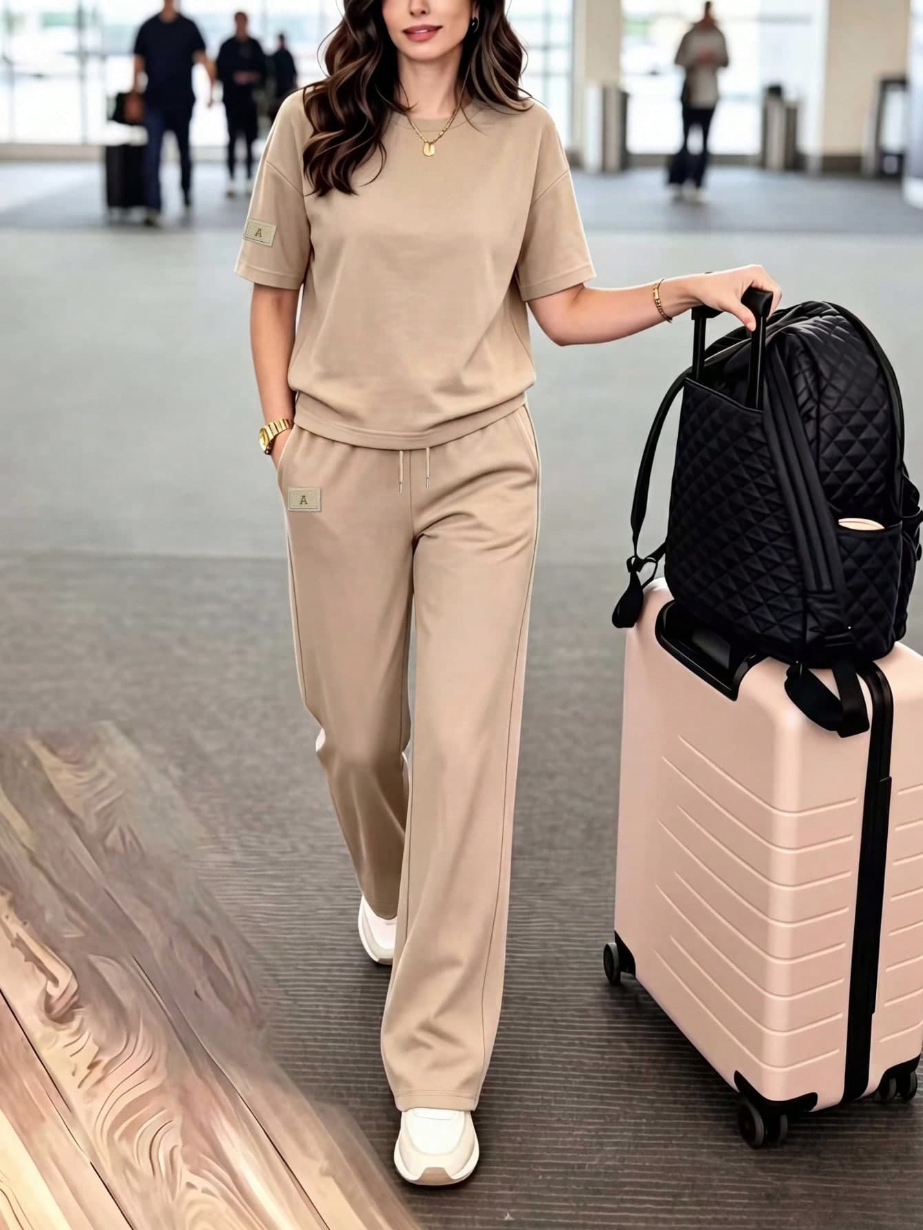 Women's Casual 2 Pieces Set, Round Neck T-Shirt With Stretchy Long Pants, Comfortable Homewear Outfit With Pockets Elegant Summer