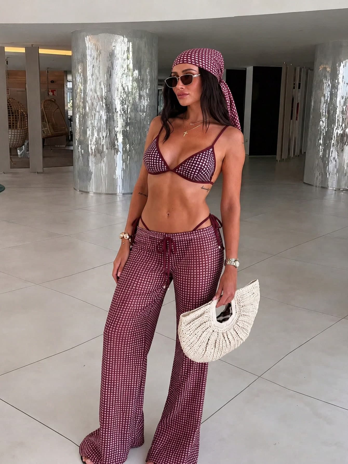 Women's Elegant Spring/Summer Beach Vacation Red Plaid Print Sexy Spaghetti Strap Casual Bikini Set, High Elasticity Sexy Swim Bottoms