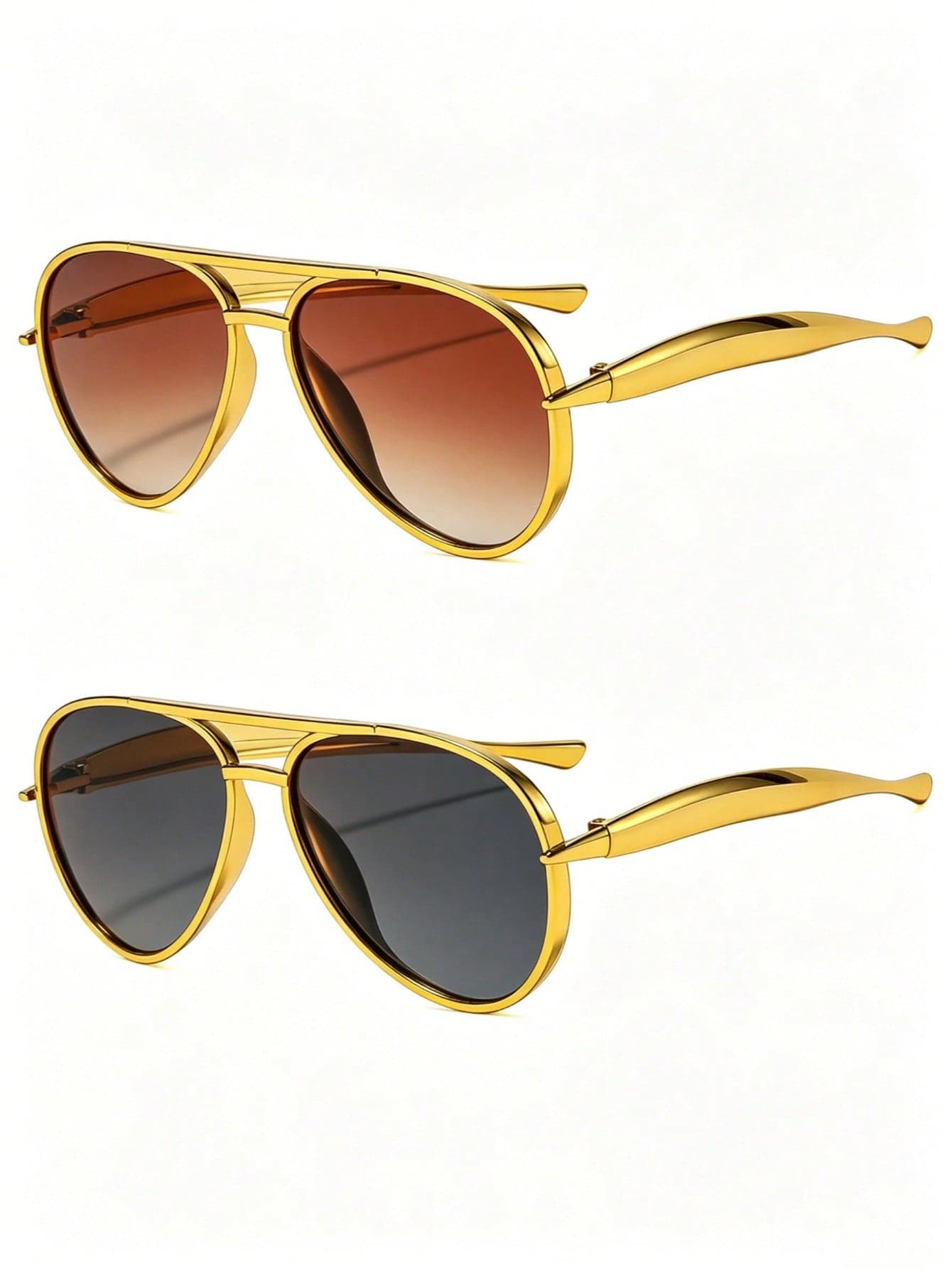 2 Pairs Gold Frame Aviator Glasses, Gradient Brown And Black Lenses, Retro Double Bridge Glasses, Outdoor Street Style, Unisex