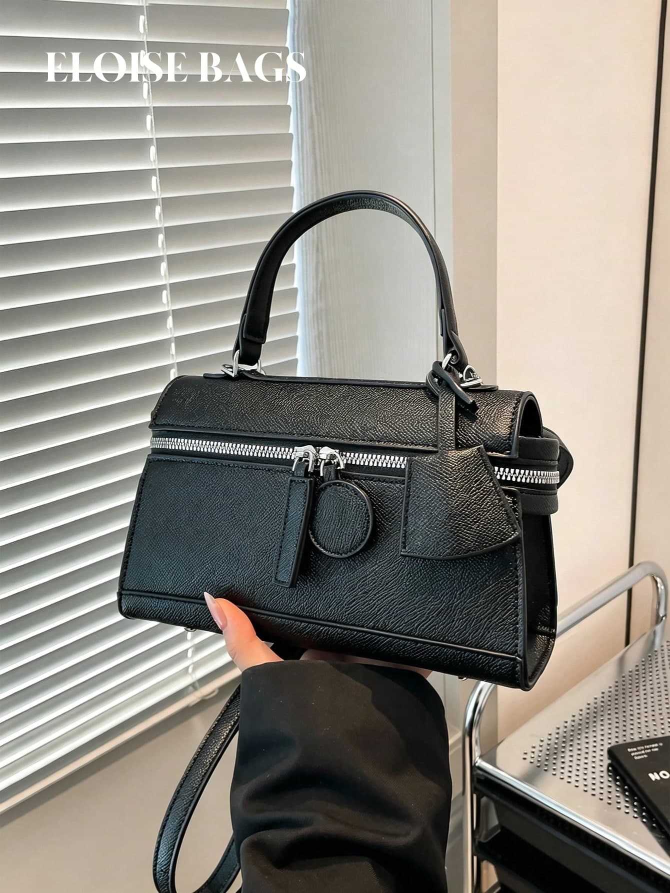 Premium Black Faux Leather Lychee Grain Small Handbag, Dual Zipper Design, Minimalist Commuter, Crossbody, Versatile And Elegant