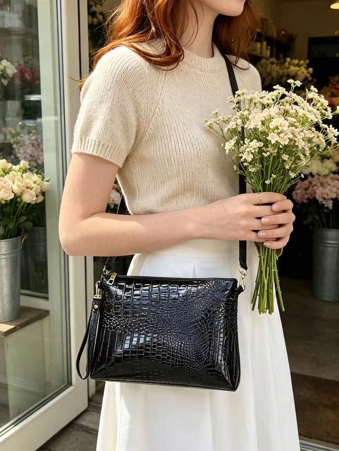 Women's Fashion Crocodile Embossed Minimalist Shoulder Bag, Phone Bag, Suitable For Date Night, Young Girls, Couple Dates, Business Dinner And Other Occasions.