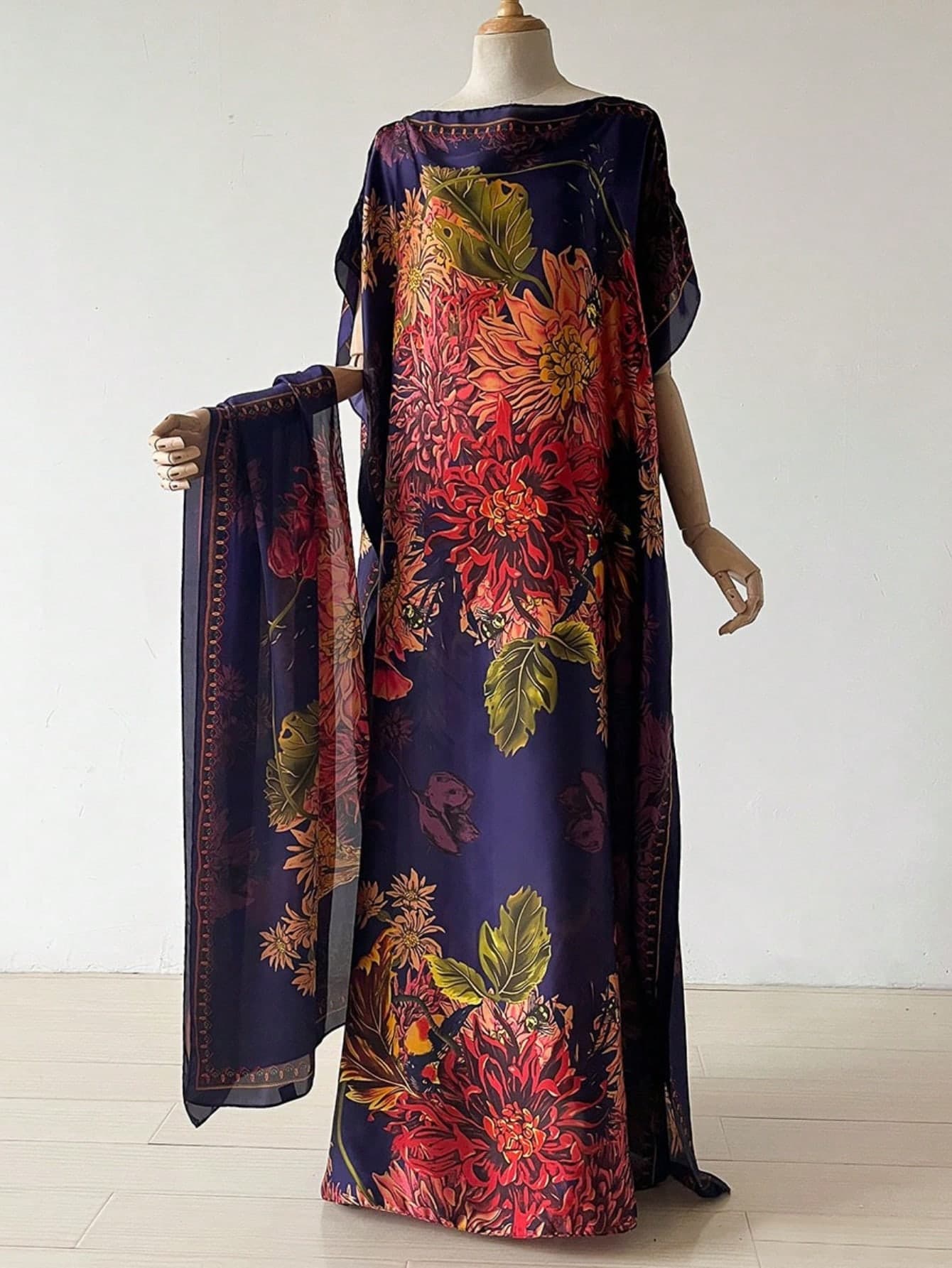 2pcs Faux Silk Lightweight Cool Floral Print Robe Shawl With Small Scarf Set, Women's Outerwear Decoration, Beach Sun Protection, Windproof, UV Protection, Daily Wear