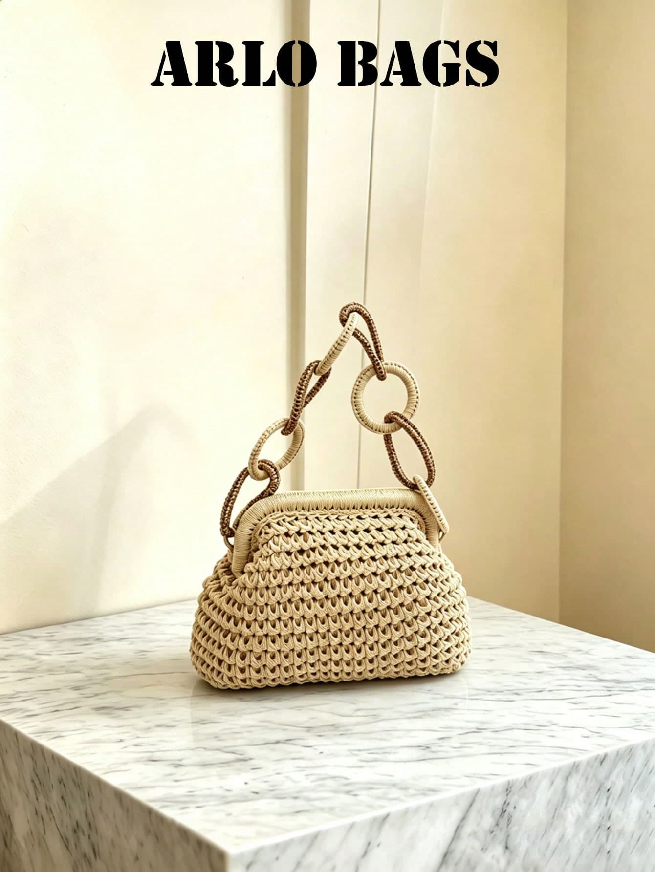 Hollow Crochet Straw Clutch Bag, Two-Tone Circular Ring Woven Handle Clip Frame Mini Handbag For Summer Beach Vacation Wedding