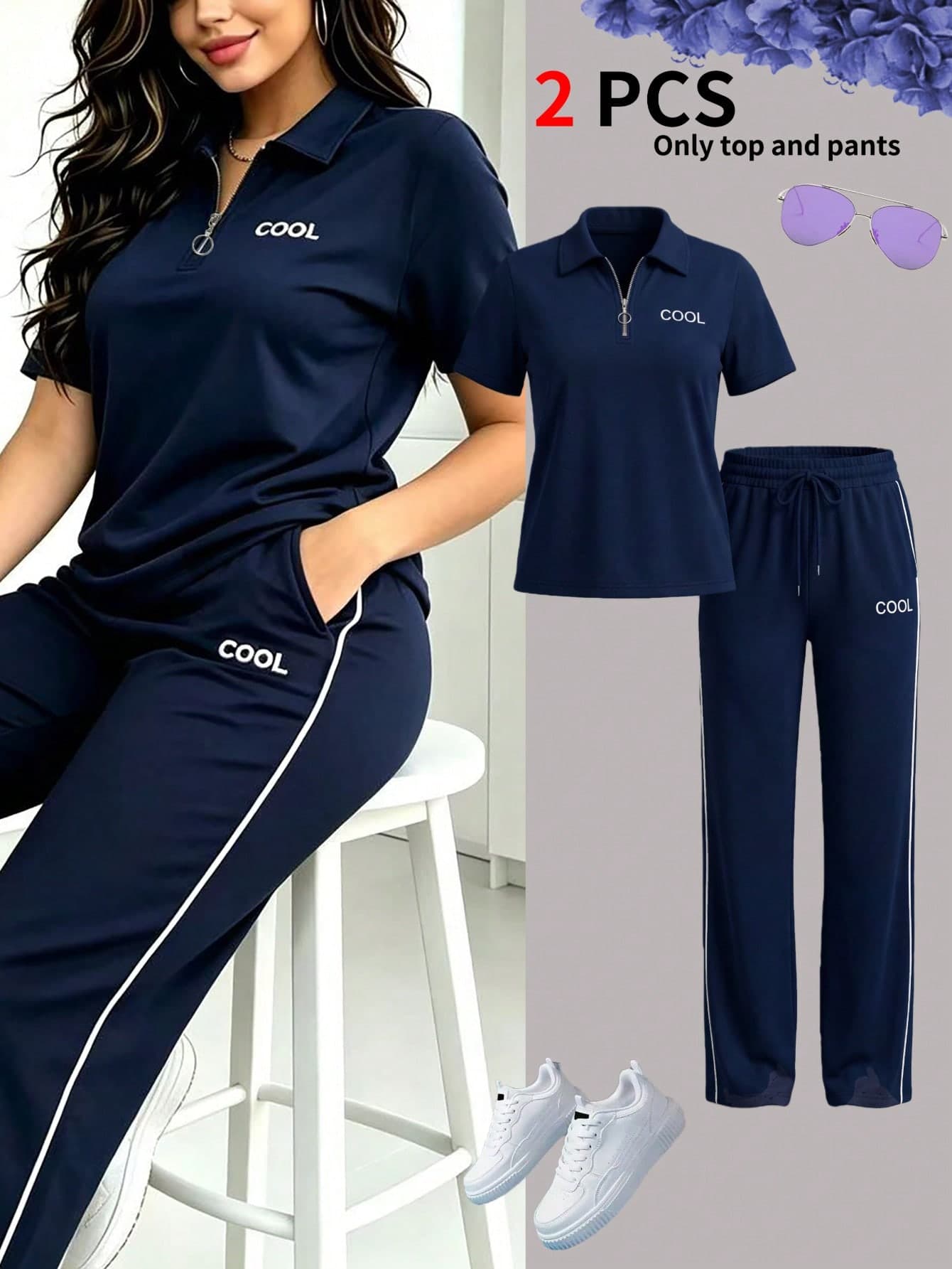 Women's Summer New 2 Pieces Set, Personalized Letter Print Lapel Short Sleeve T-Shirt With High Waist Drawstring Straight Leg Pants