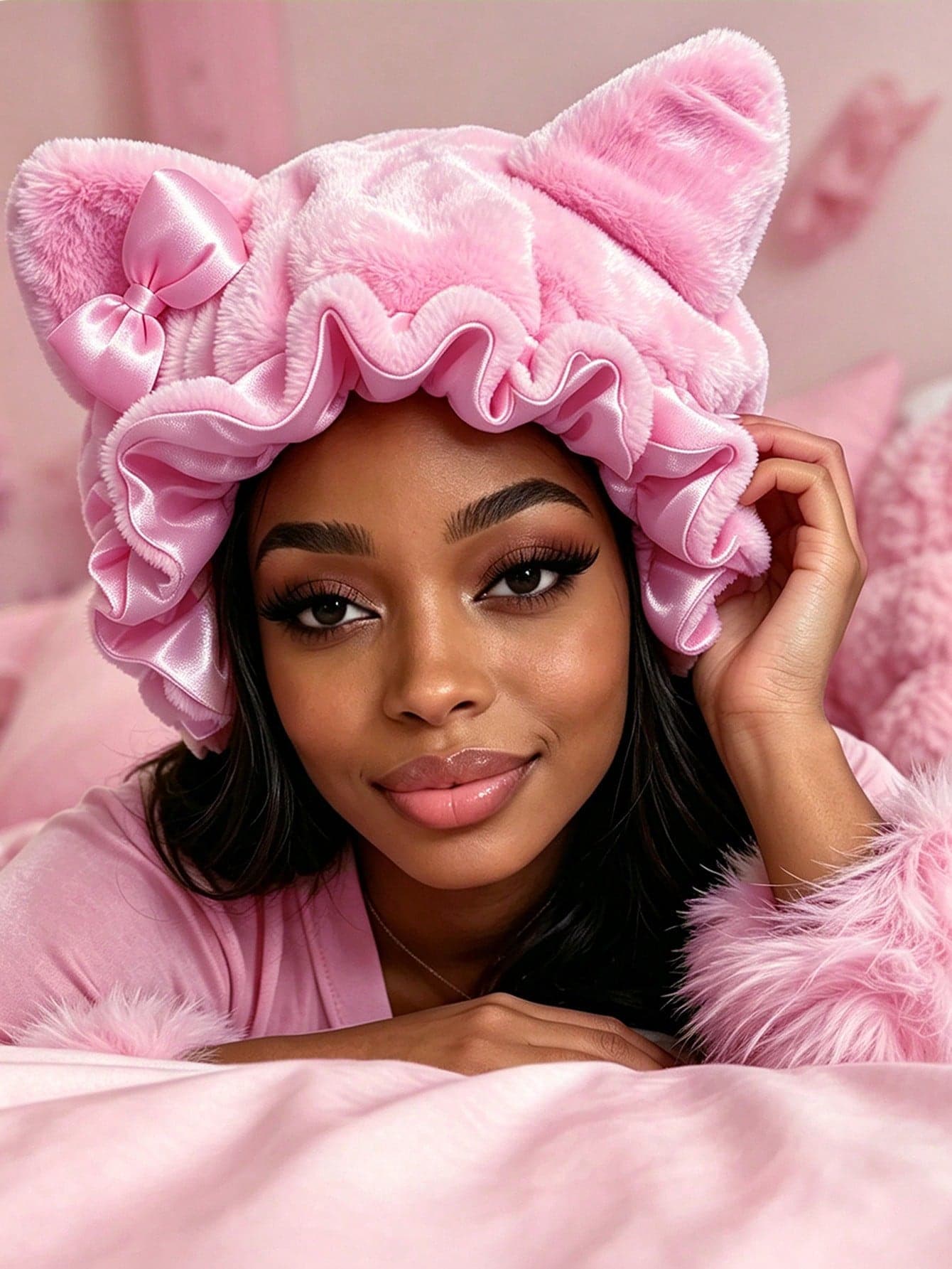 CONFLASS Cute Pink Fluffy Cat Ear Sleep Bonnet, Satin Lined Ruffle Hair Cap With Bow, Soft Plush Night Cap For Curly Hair, Women Sweet Loungewear Hair Wrap