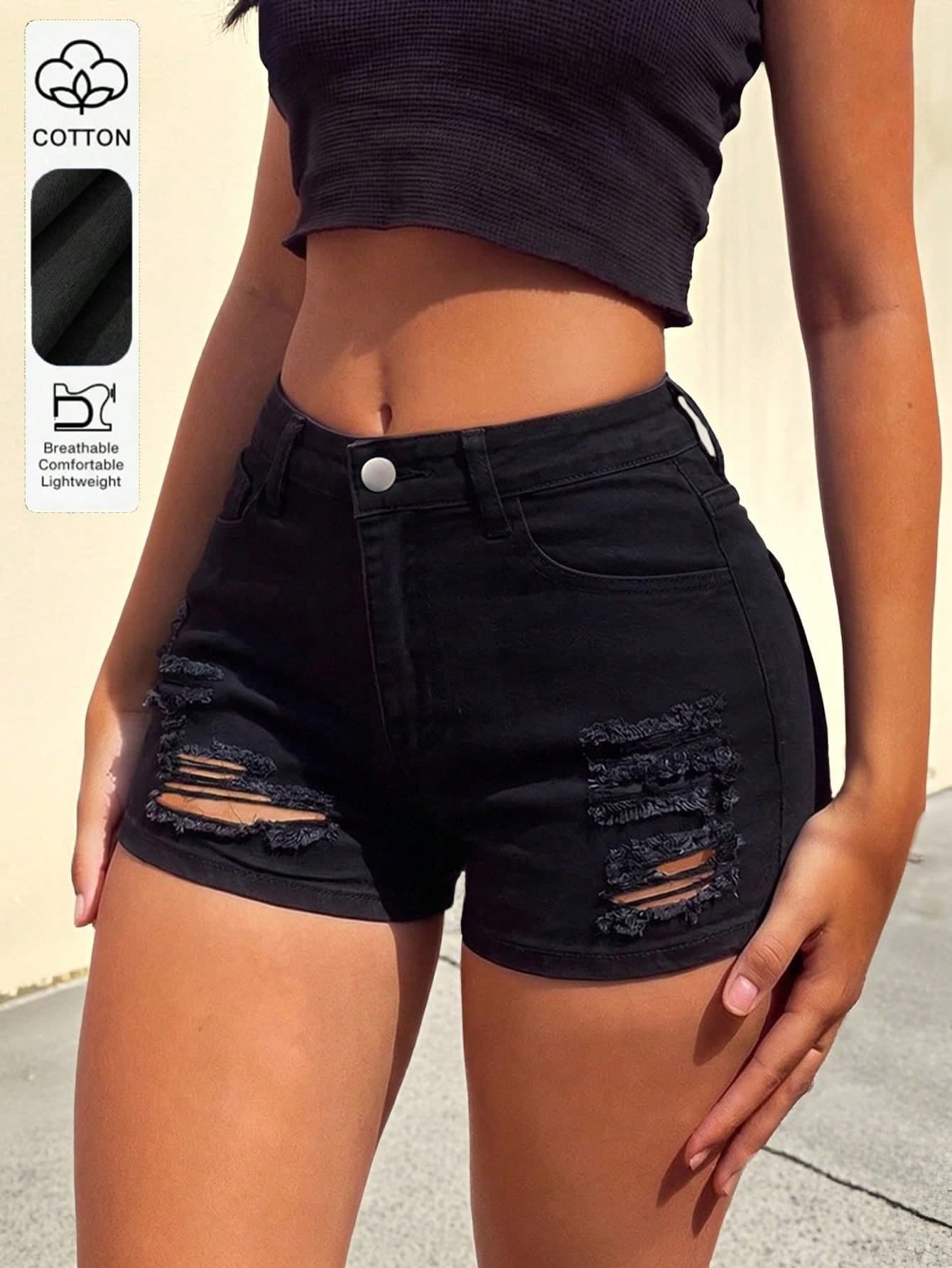 Women's Distressed Denim Shorts, Minimalist All-Match Versatile Design, Casual Summer Item For Ladies Black