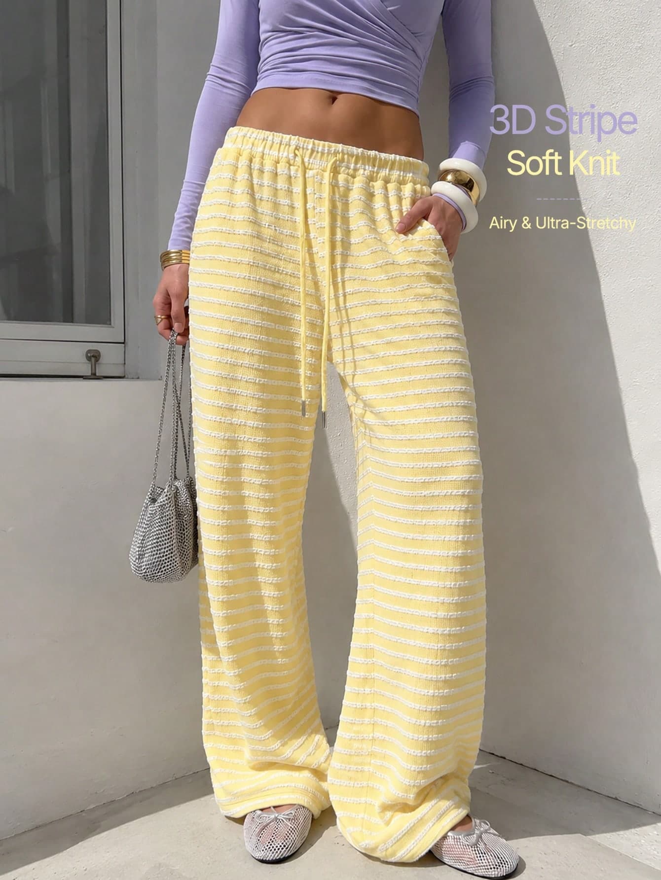 Women's Linen-Textured High-Waist Wide-Leg Drawstring Draped Striped Knit Pants, Suitable For Autumn Beach Vacation, Daily Outings And Home Leisure