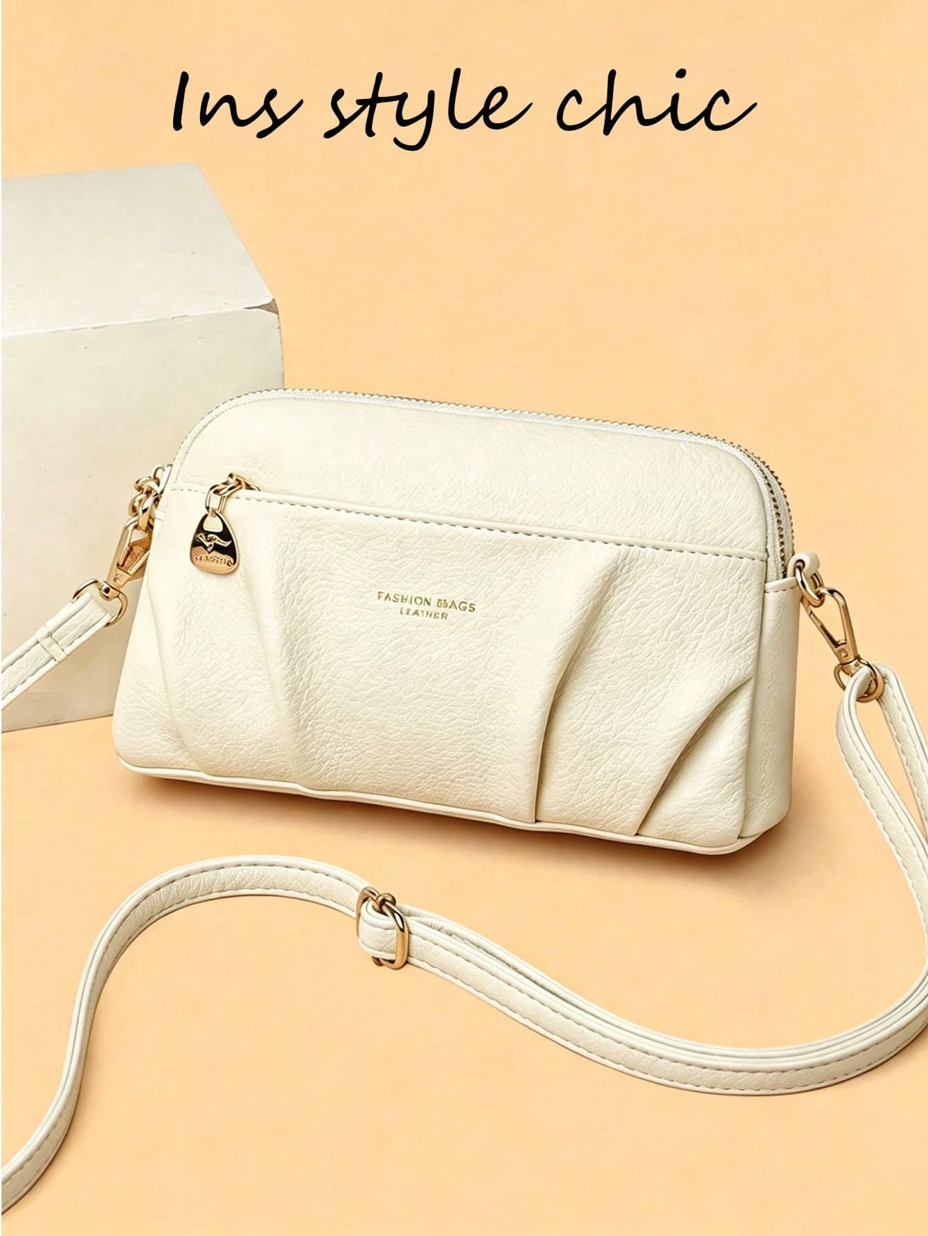 Cream Peeled Pu Crossbody Bag Front Ruched Detail Gold Letter Print Adjustable Strap Women Daily Shoulder Purse
