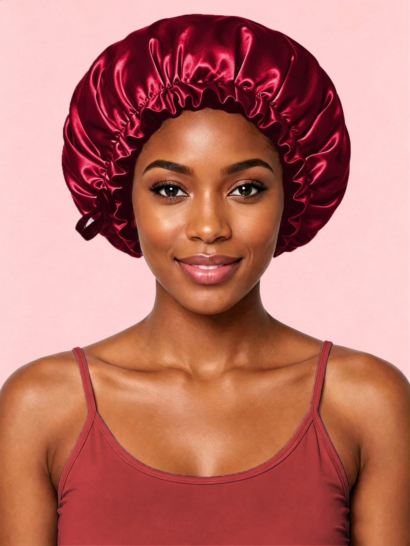 1pc Women's Solid Color Double-Layer Satin Sleep Cap, Adjustable Elastic Band With Button, Fashionable Sleep Cap, Daily Wear, Protect And Style Hair