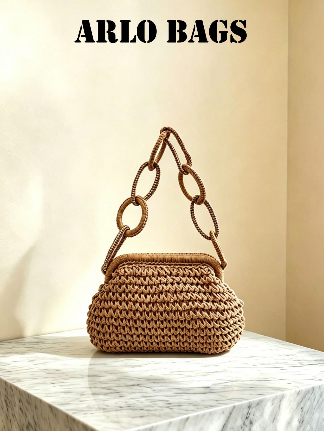 Hollow Crochet Straw Clutch Bag, Two-Tone Circular Ring Woven Handle Clip Frame Mini Handbag For Summer Beach Vacation Wedding