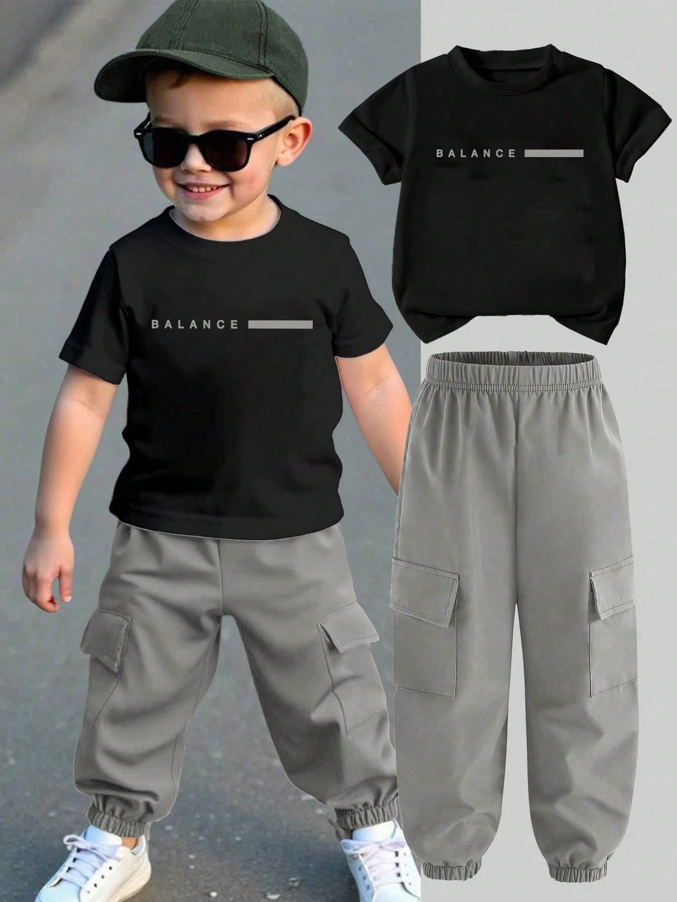 Young Boy Cartoon Print Round Neck Short Sleeve Top And Cargo Pants Set