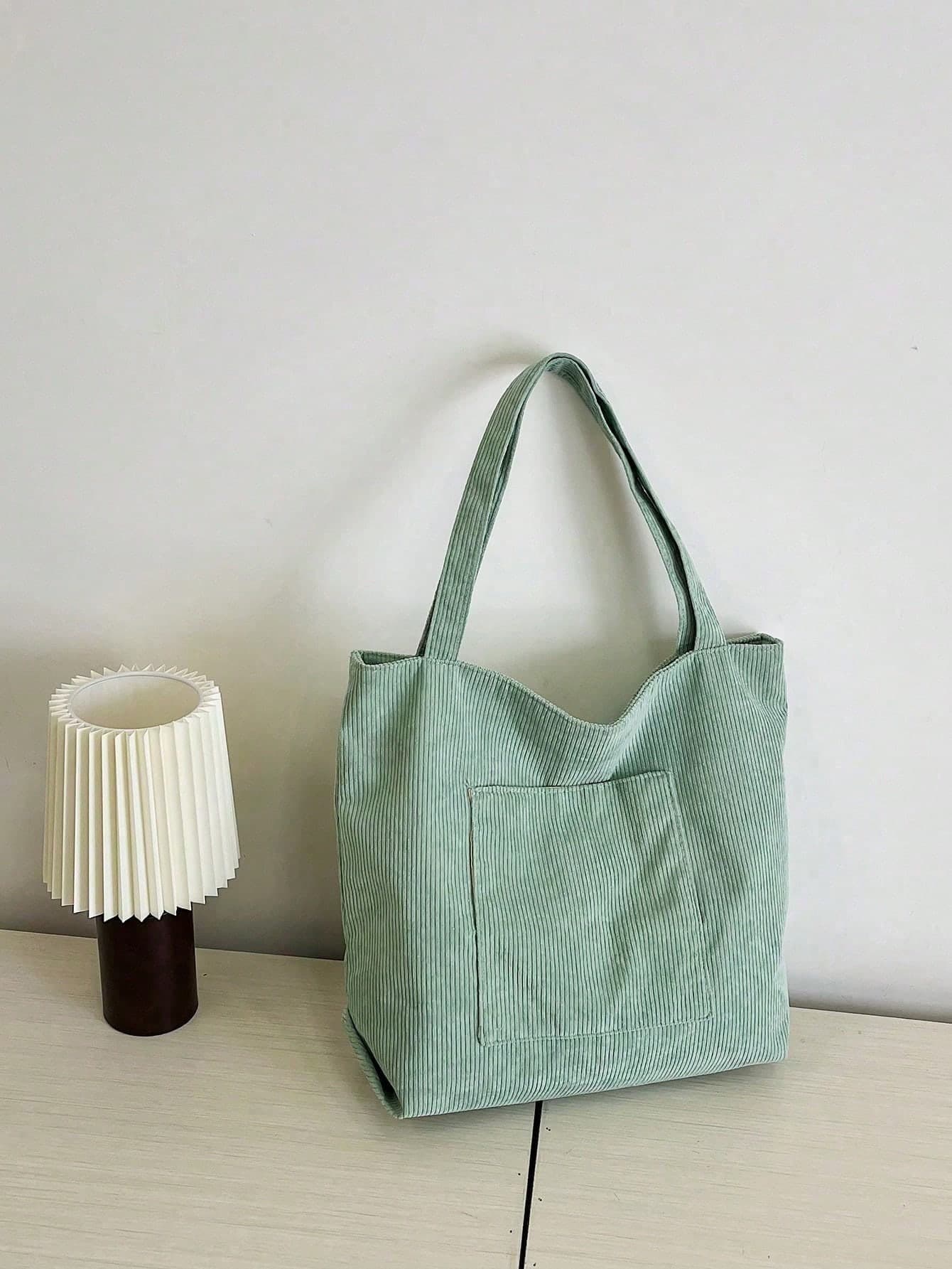 Solid Color Men's Shoulder Tote Bag, Versatile Shopping Bag, Striped Large Capacity Canvas Bag