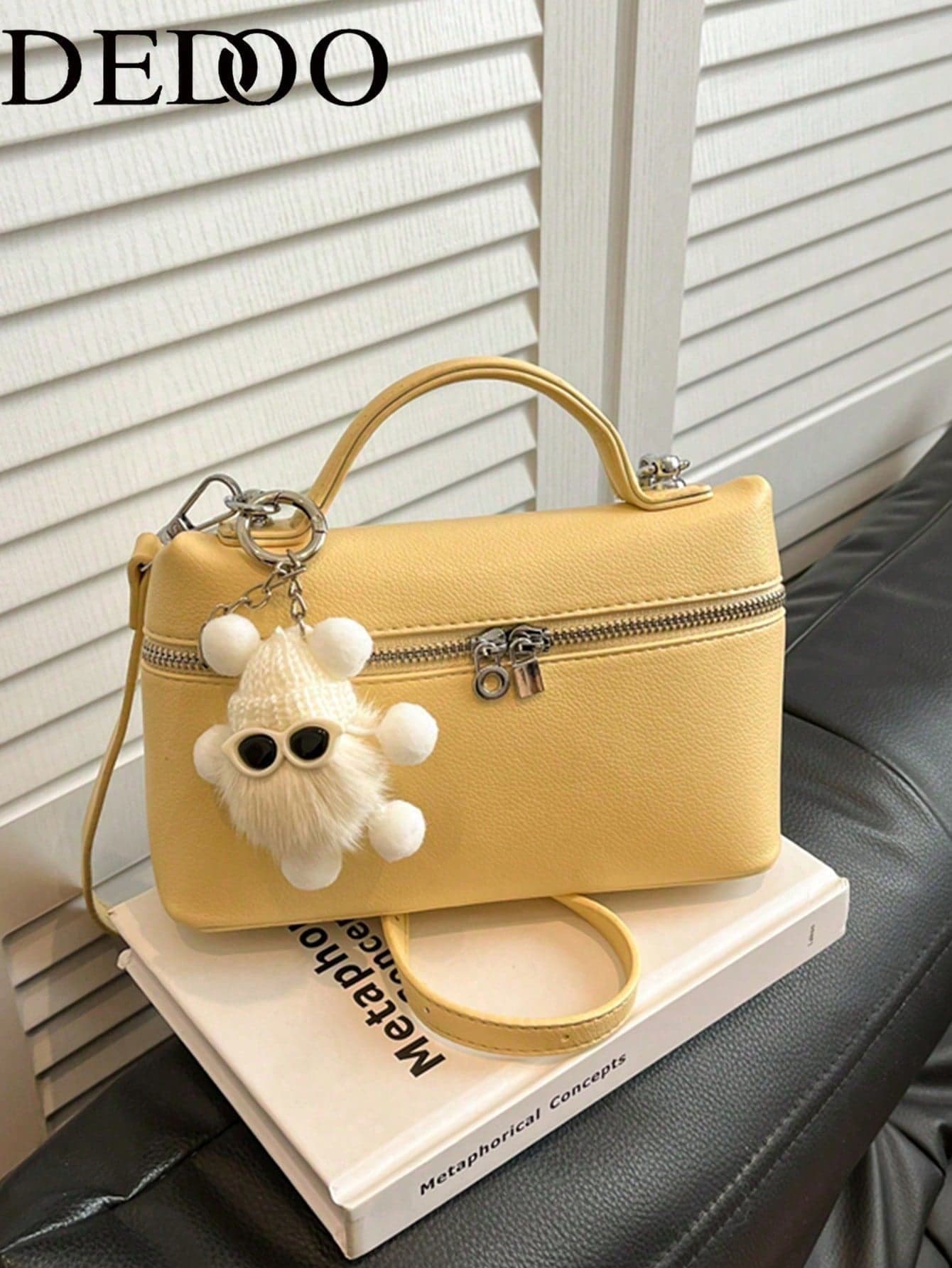 Dedoo 1pc Solid Color Litchi Texture PU Square Crossbody Bag Women's Small Wallet Daily Fashion Matching Suitable Fashion Butter Yellow Women's Bag (Pendant Random Style)