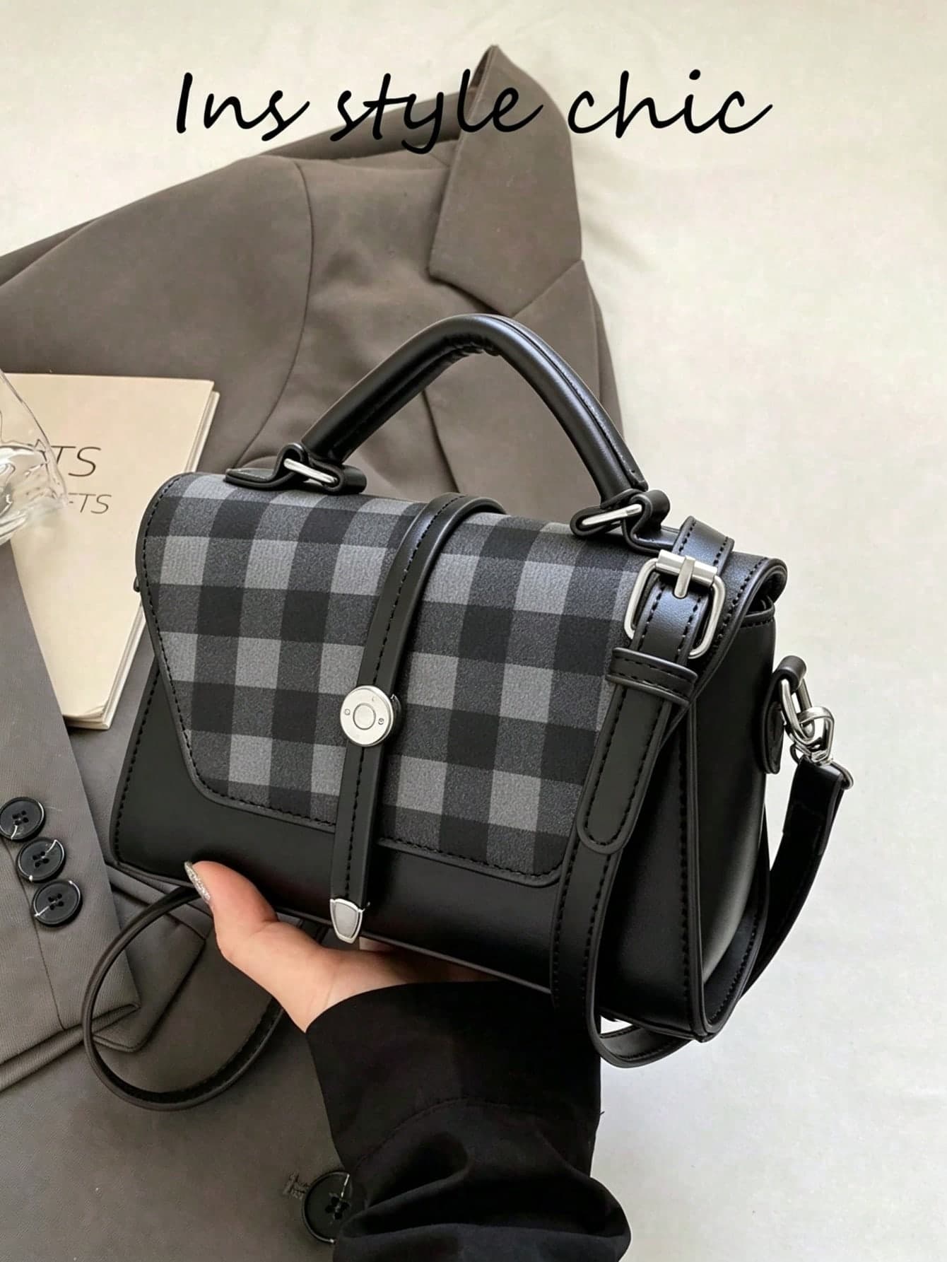 Black Grey Plaid Spliced Handheld Bag, Magnetic Snap Flap Box Purse With Detachable Wide Crossbody Strap