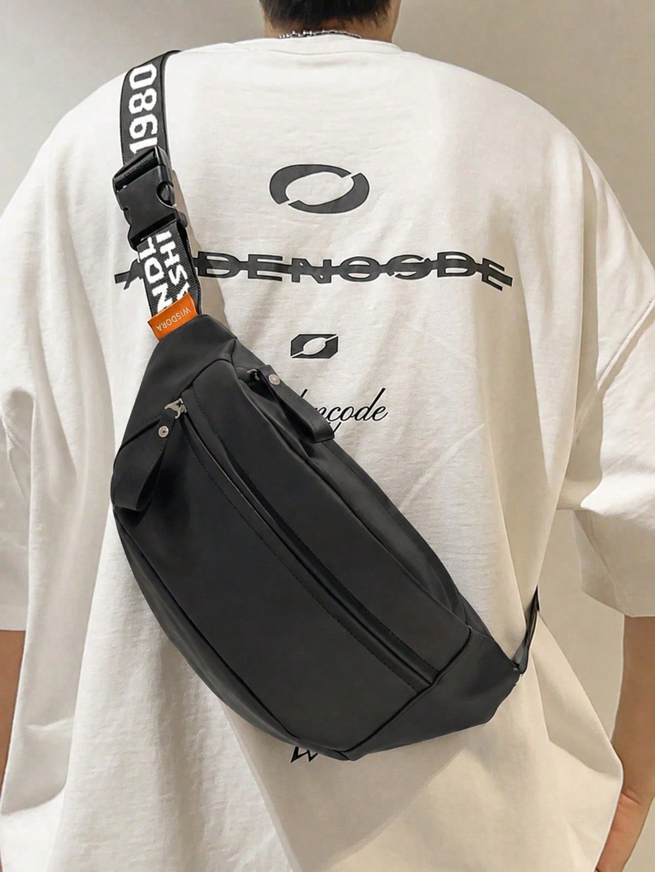 1pc Peach Tree Men's Casual Versatile Crossbody Chest Bag Waist Pack, Fashion Minimalist Solid Color Monogram Letter Print, Adjustable Shoulder Strap, Zipper Closure, Lightweight Waterproof Nylon, Multi-Compartment, For Daily Commute, Sports, Travel, Streetwear
