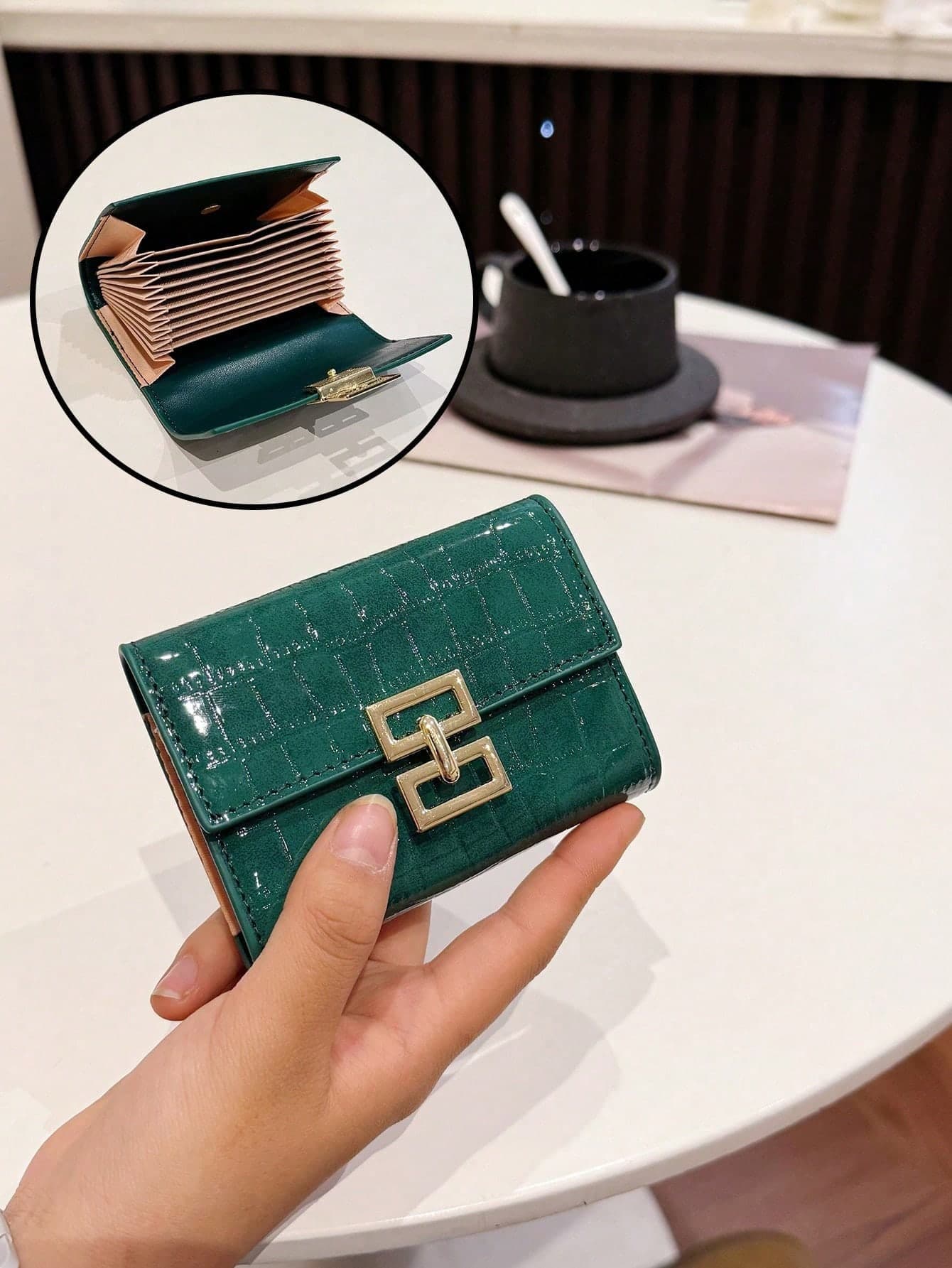 Women's Accordion Card Holder, Glossy Crocodile Embossed, Metal Decor, Multi-Slot Cash & Card Wallet
