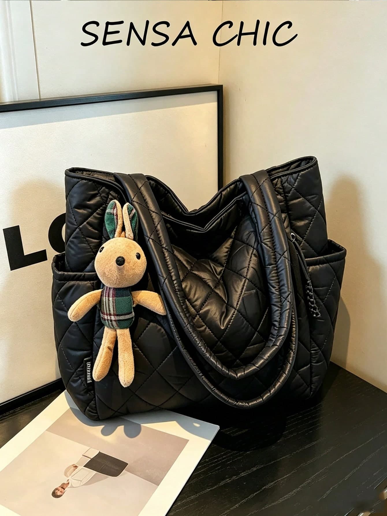 Black Quilted Tote Bag, Lightweight Oversized Puffer Shoulder With Detachable Cartoon Rabbit Ornament Accessory Office School Daily Commute