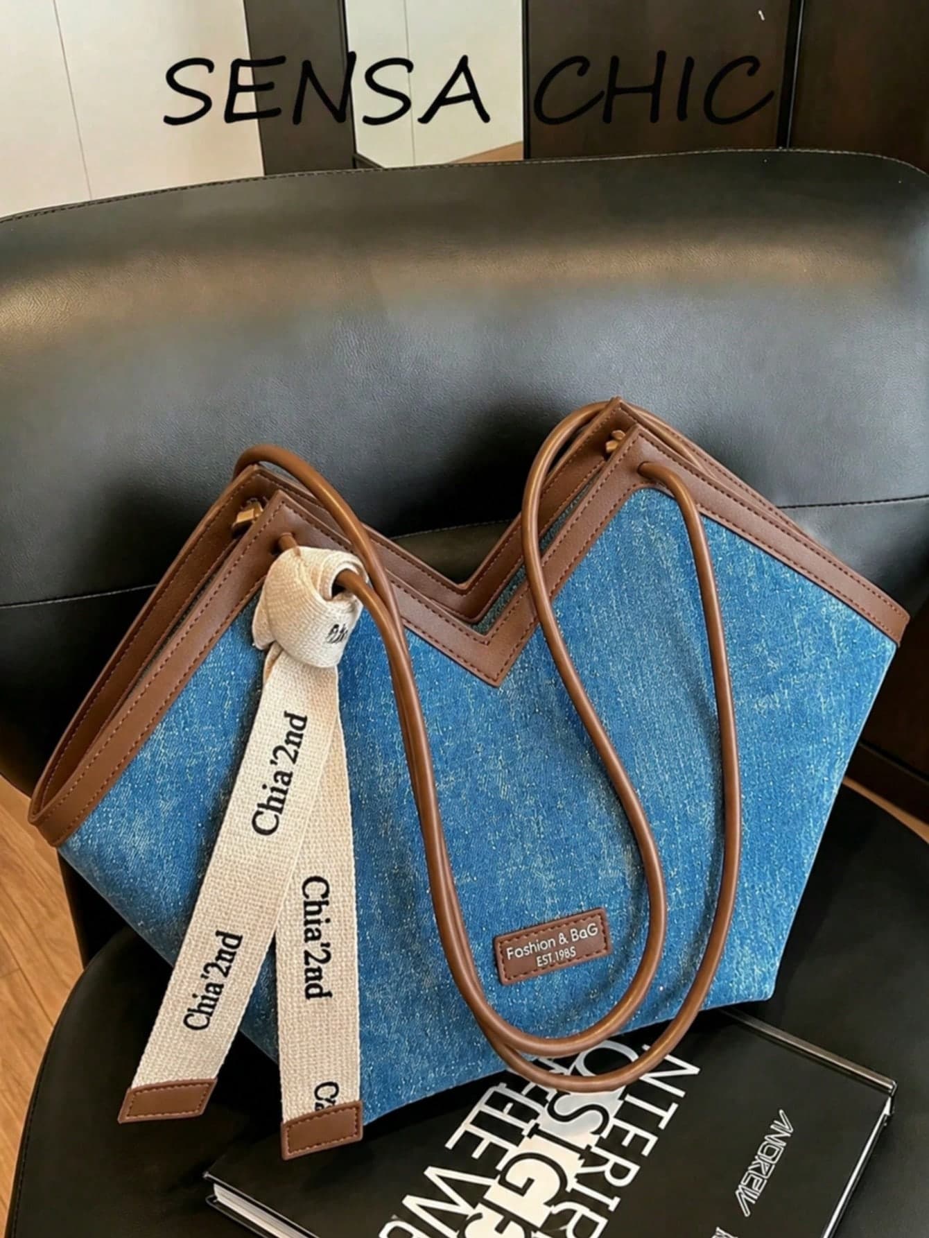 Minimalist Textured Large Tote Bag, Dual Long PU Shoulder Straps, Decorative Letter Ribbon Accessory, Lightweight Handbag, Suitable For Work, School, Picnic