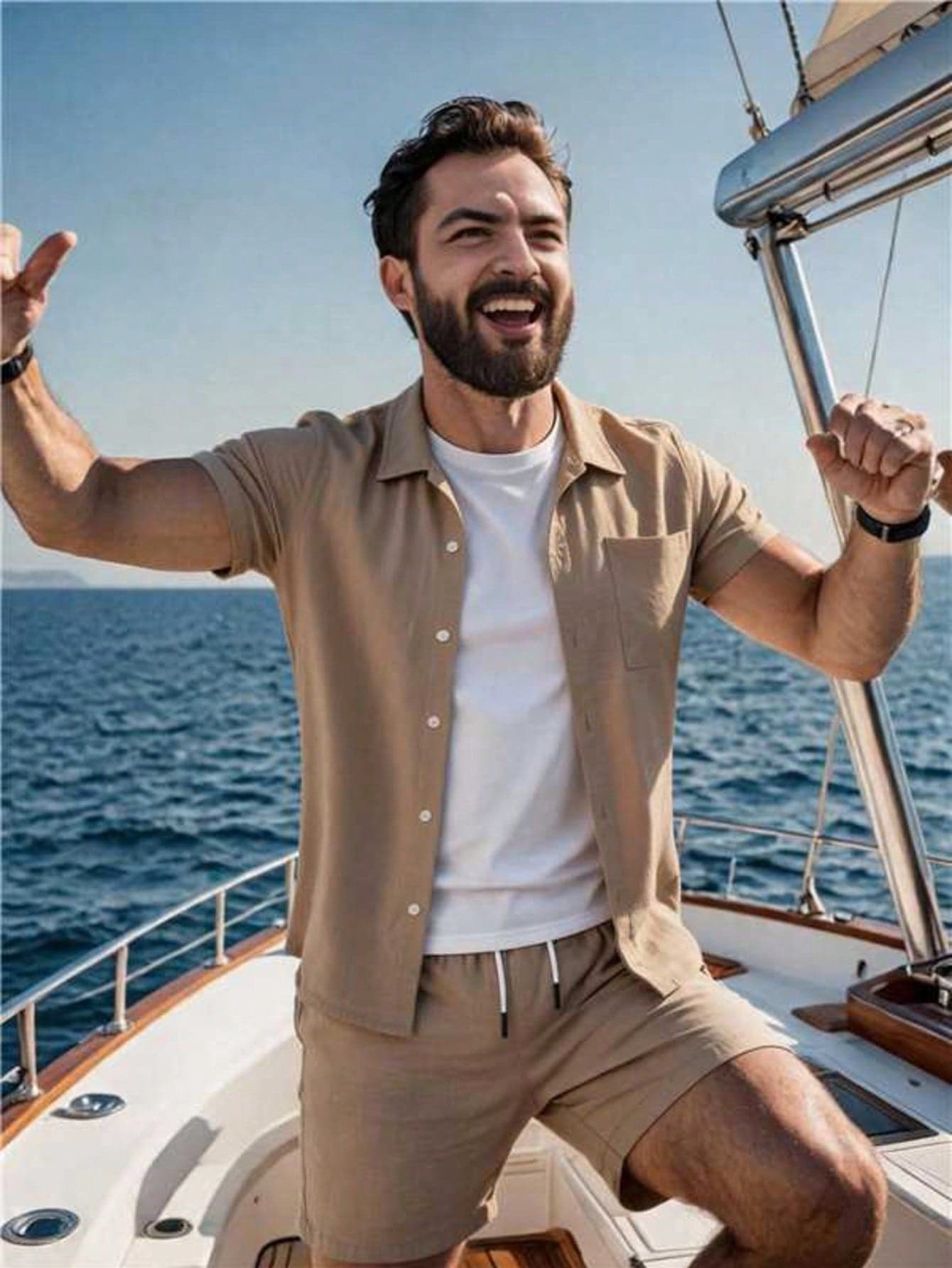 Men's Casual Suit, Coffee Color Pocket Shirt And Shorts Set