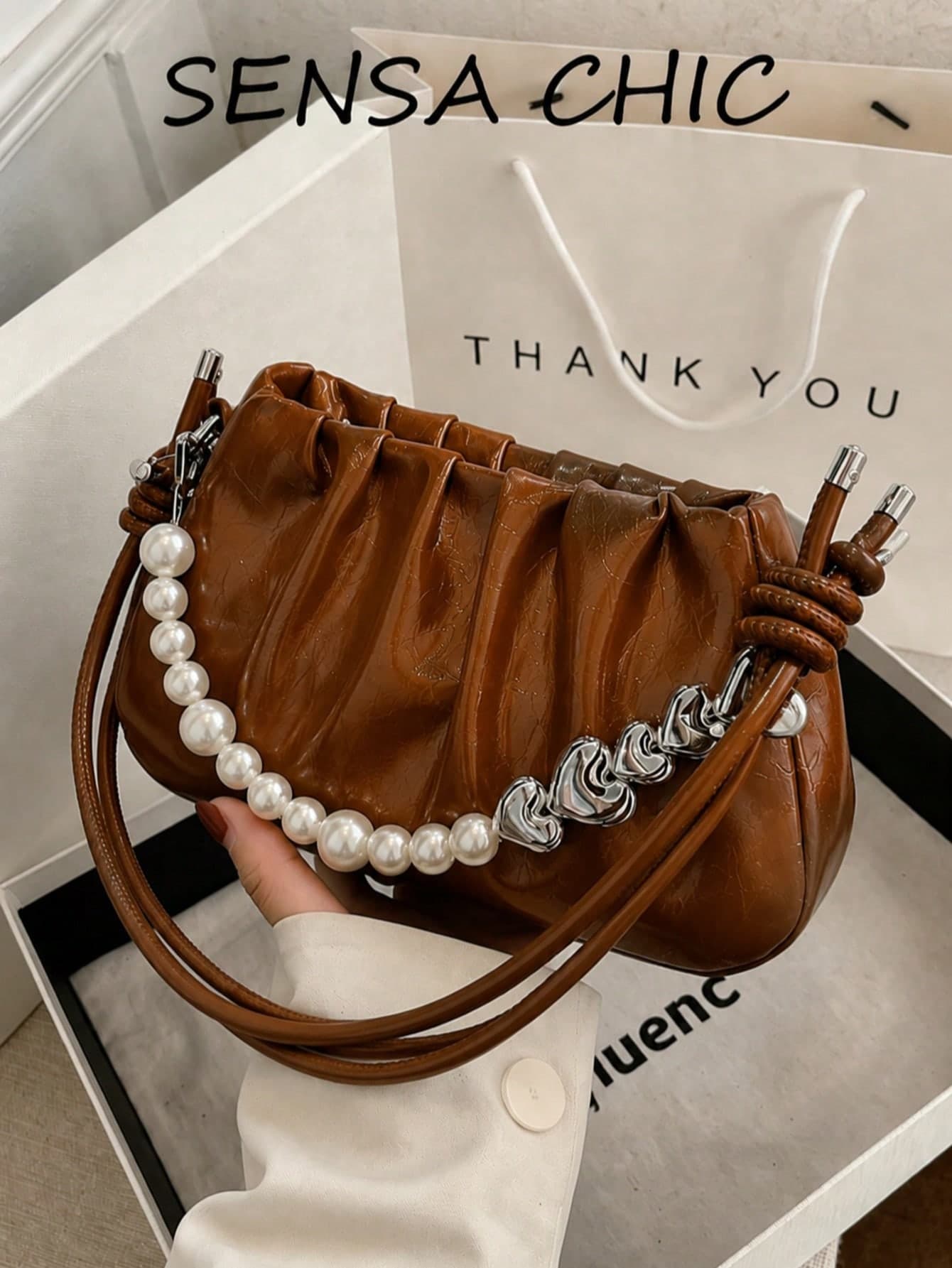 Brown Cracked Pu Ruched Cloud Bag Faux Pearl & Silver Heart Metal Chain Decor Dual Thin Shoulder Straps Vintage Evening Clutch Purse