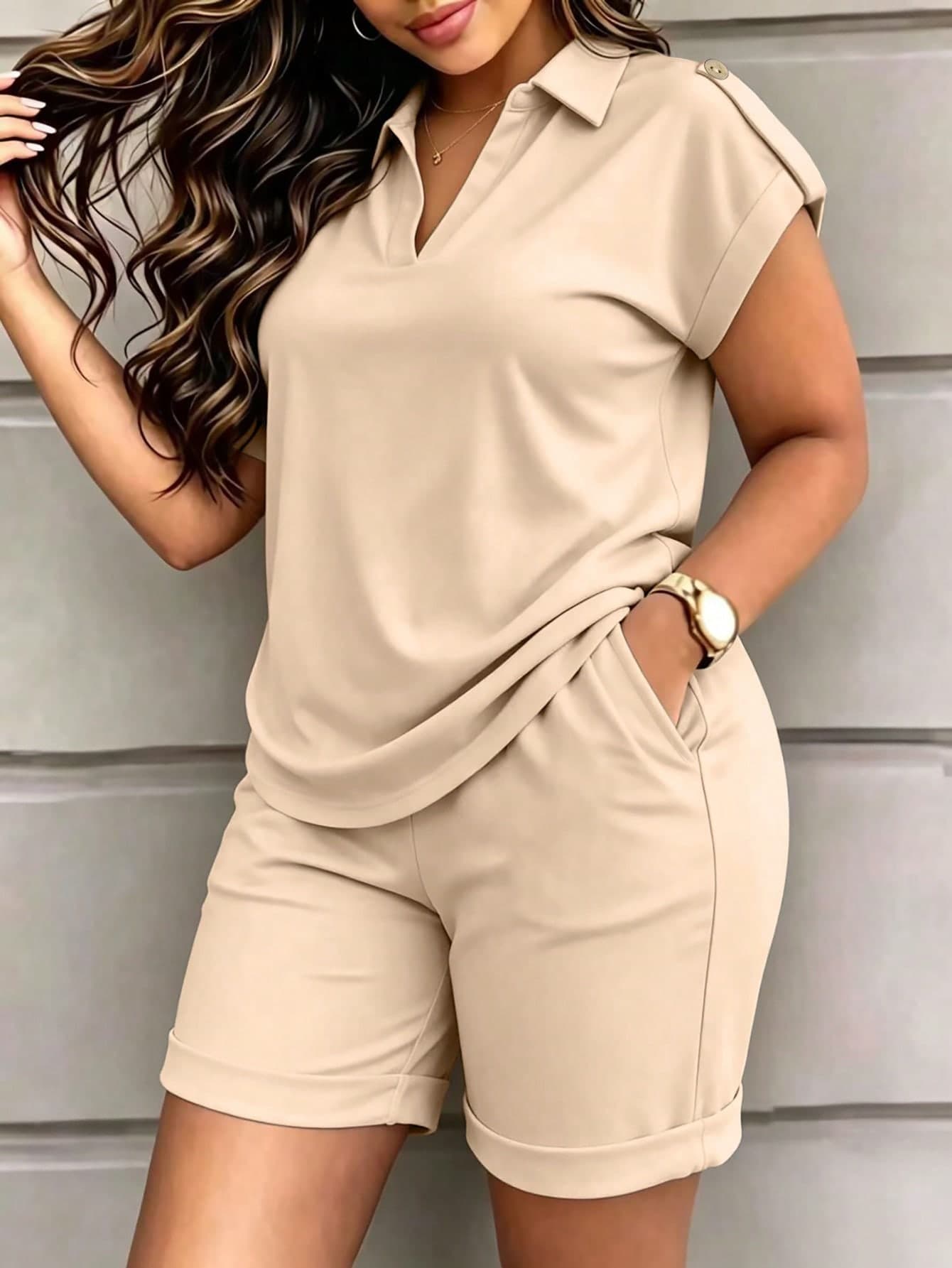 Spring/Summer Women's New Fashion 2-Piece Casual Set, Solid Color Short Sleeve Top Paired With Heart Print Shorts, Spring Break Casual Outfit For Women