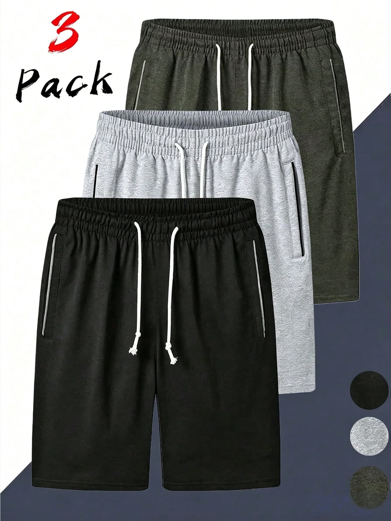 3pcs Men's Solid Color Shorts, Loose Casual Sports Bermuda Shorts, Lightweight Fabric, Suitable For Fitness And Leisure