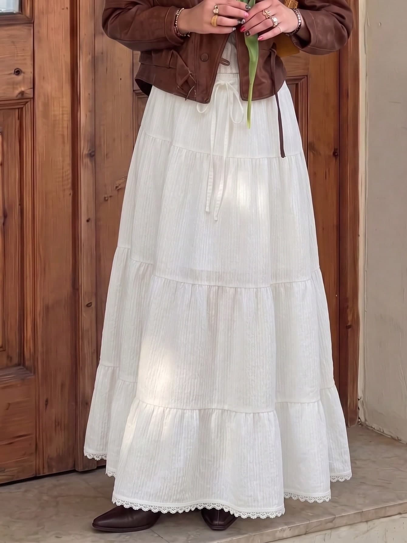 Elegant Women's Long Flare Skirt With Faux Drawstring Detail, Non-Stretch Woven Fabric Design