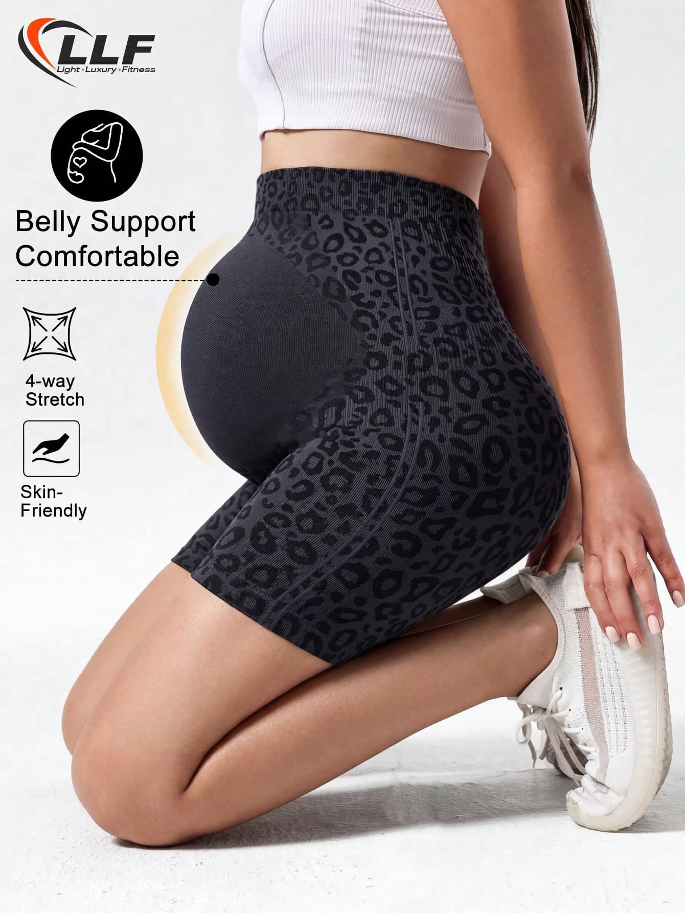 Women's Summer Maternity Black Leopard Print Seamless High Waist Yoga Shorts, Breathable Fitness Pants, Suitable For Summer Casual Sports, Running, Cycling And Pilates Training