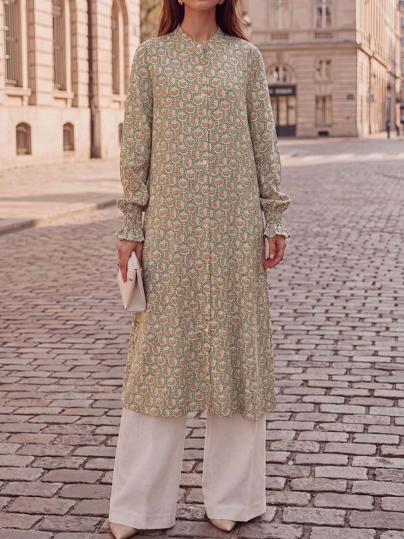 Women Floral Two Pieces Set Long Sleeve Maxi Shirt Dress And Wide Leg Pants Modest Old Money Cottagecore Coastal Grandmother Vacation Outfit