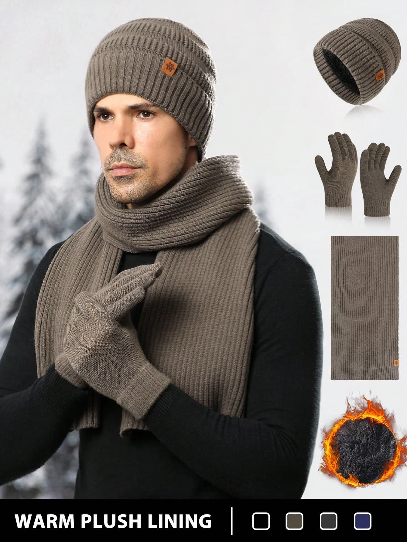 1-3pcs/Set Men's Winter Knitted Beanie, Scarf And Touchscreen Gloves Set, Thick Thermal Lined, Snowflake Pattern, Suitable For Skiing, Travel, Cycling, Driving, Gift For Men, Daily Use Winter Accessories Winter Outfits