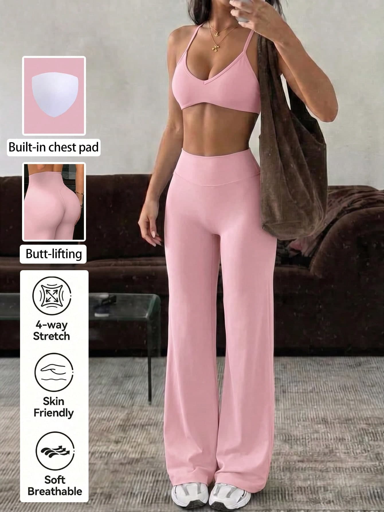 GAOVOT Women Summer 2 Pieces Workout Set V Neck Halter Sports Bra Top High Waist Wide Leg Straight Yoga Pants Outfit For Running Gym Fitness Pink