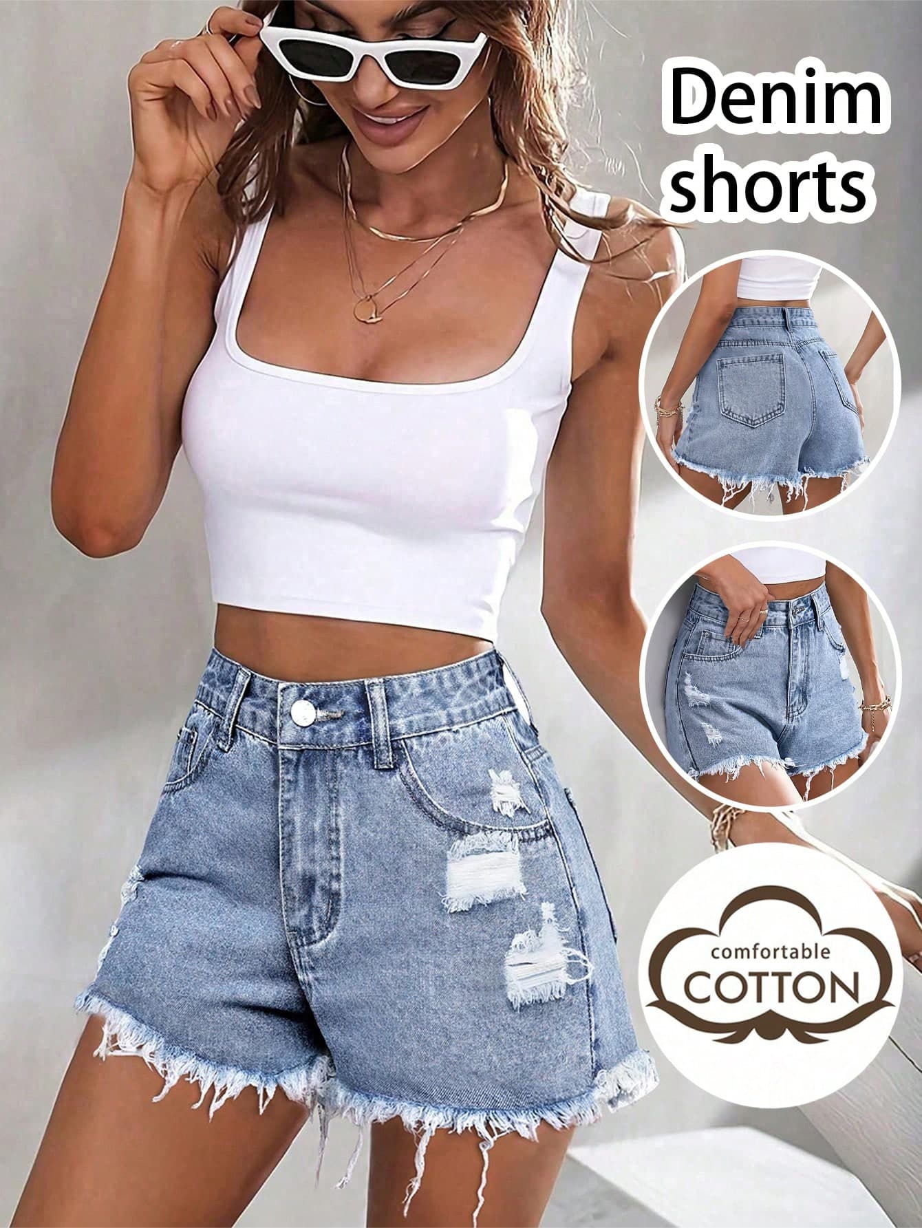 Women's Petite Casual Sexy Elegant Fashion Elegant Gentle Commute Pocket Frayed Hem Sporty Youthful Street Distressed College Shorts Denim Summer