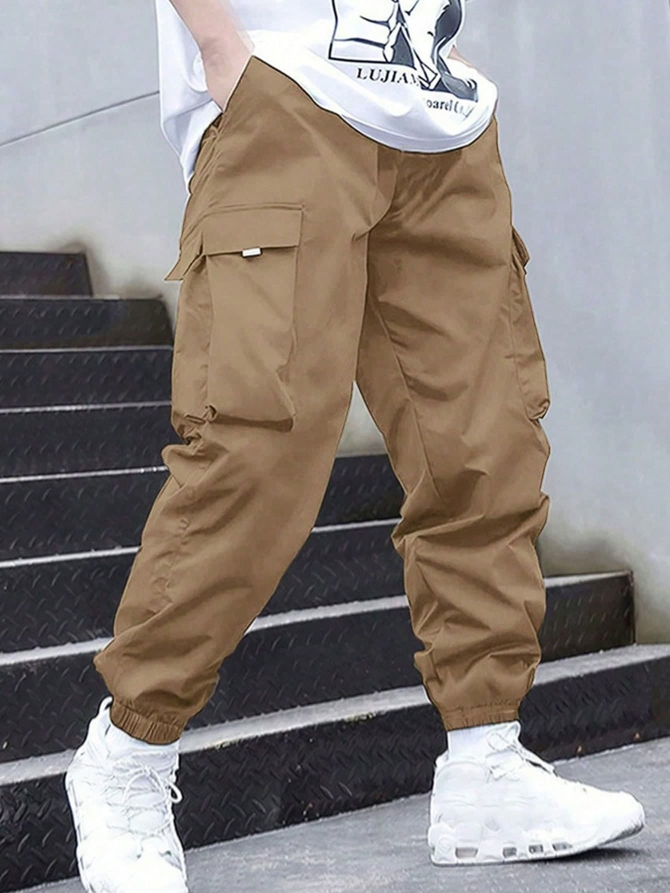 1pc Tween Boys Loose Drawstring Solid Color Cargo Pants, Suitable For Commuting, School, Casual, Travel