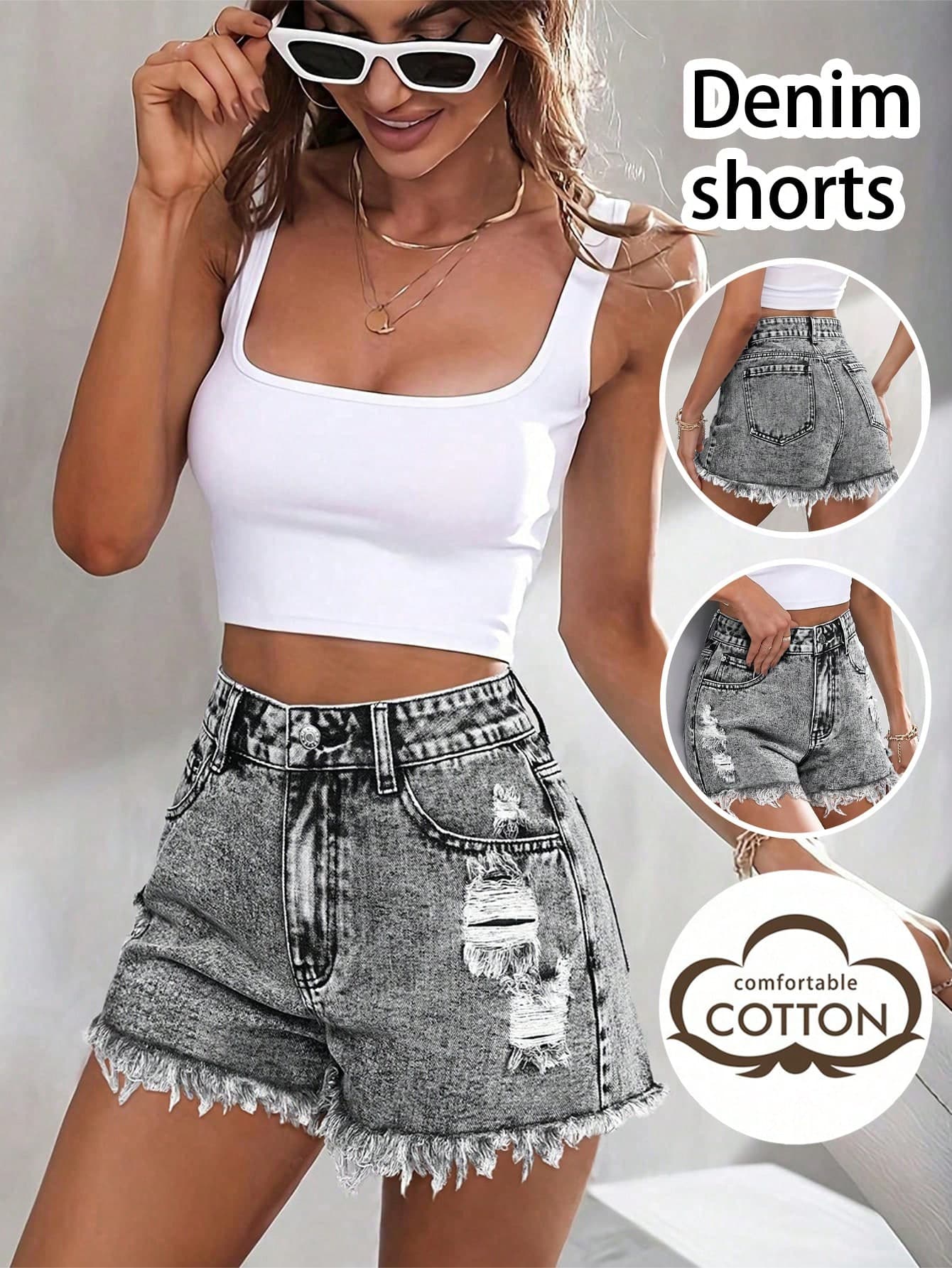 Women's Petite Casual Sexy Elegant Fashion Elegant Gentle Commute Pocket Frayed Hem Sports Young Street Distressed College Shorts Denim Jeans Summer