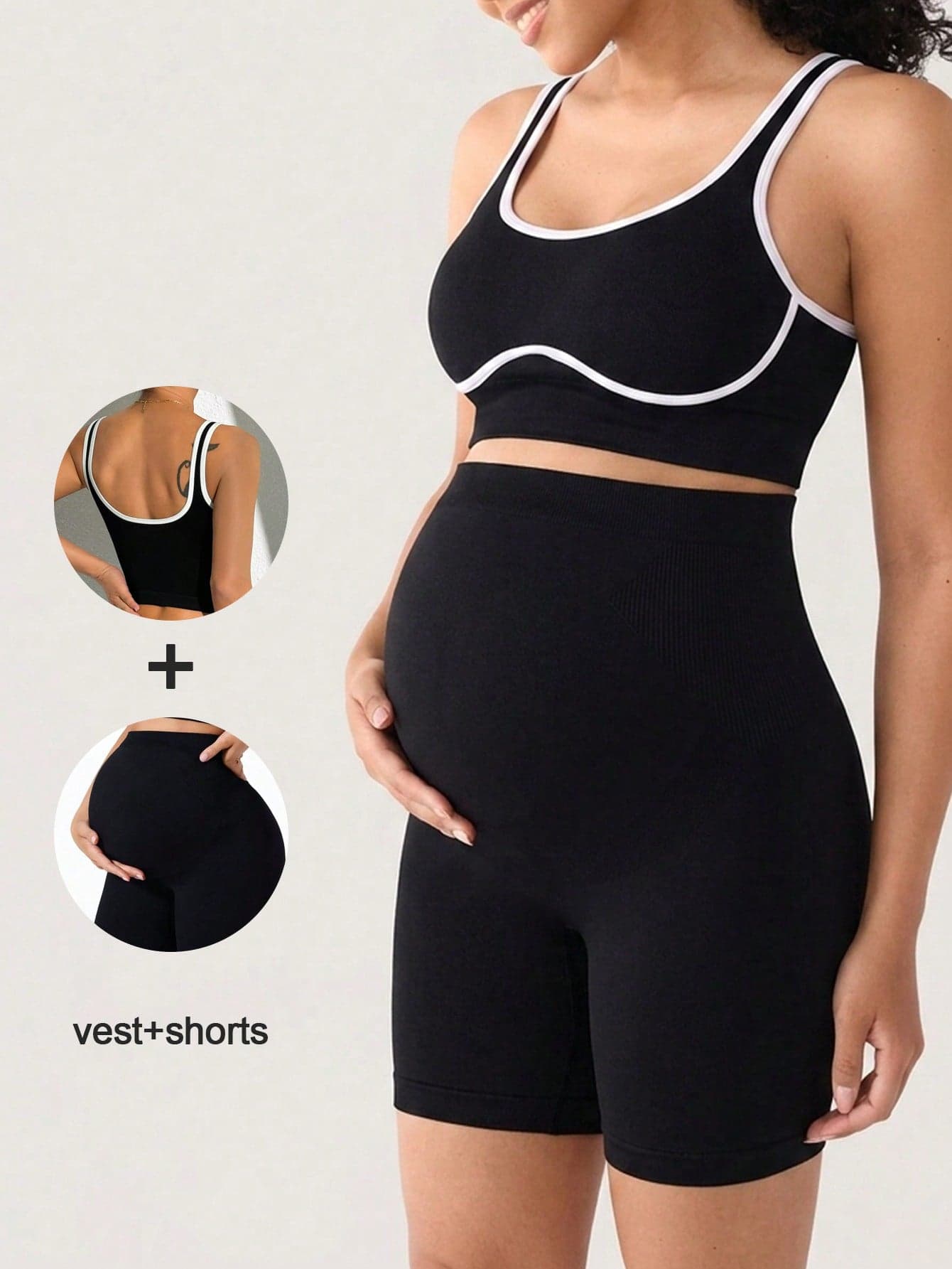 Maternity Colorblock Trim Camisole Top And Shorts Seamless Loungewear Set, Top With Elastic Waist Shorts, Summer Sports Casual Outfit Black