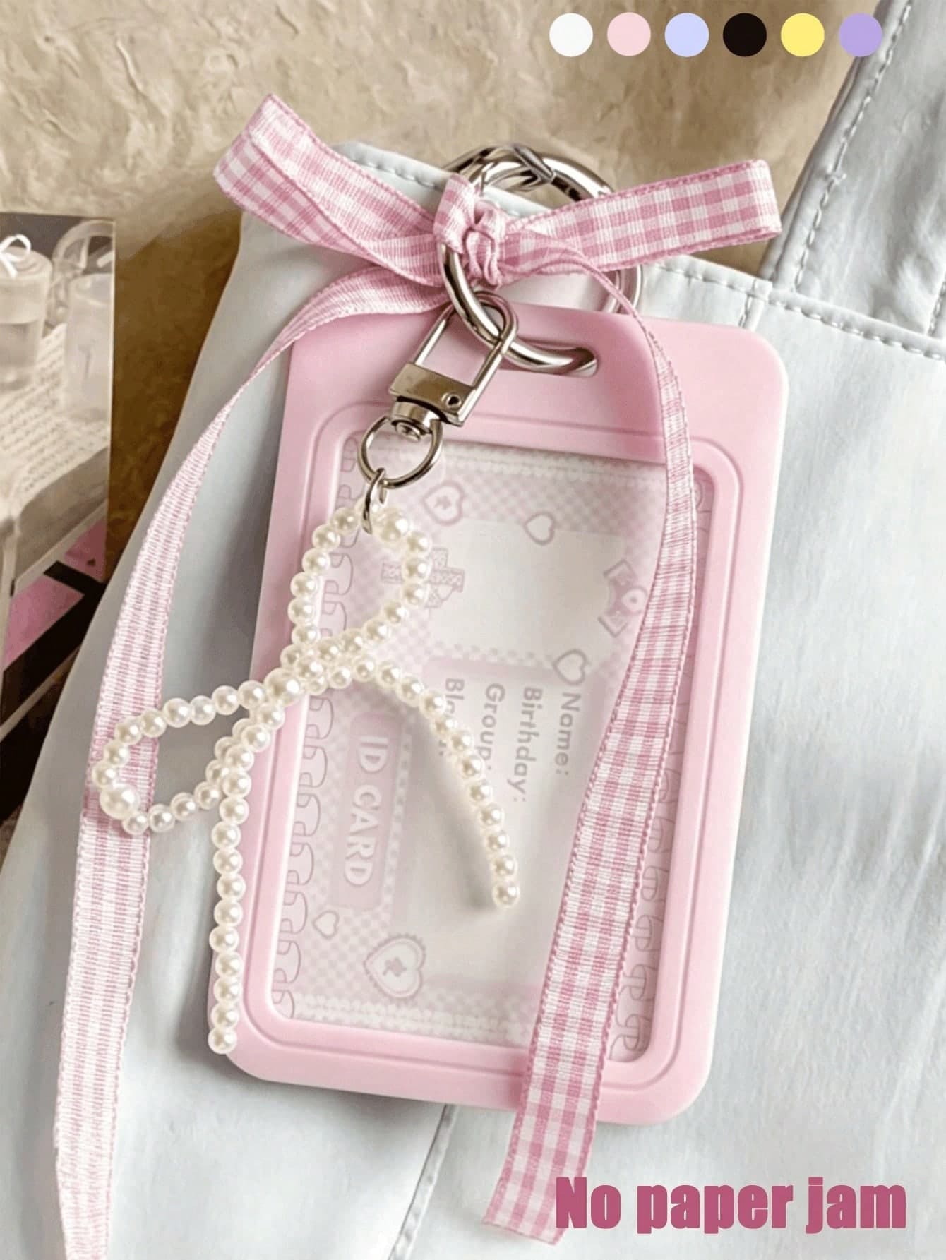 1pc Blue Card Holder With Sliding Grid Strap And Faux Pearl Pendant, Removable And Wipeable Sliding Cover, Key Chain, Office/School ID Card Protector, Detachable Lanyard/Pendant - Durable Clear Card Sleeve, Campus, ID And Credit Cards, Fun Accessory, Durable Plastic Protector For Student ID, Meal Card, Public Transportation And Metro Pass