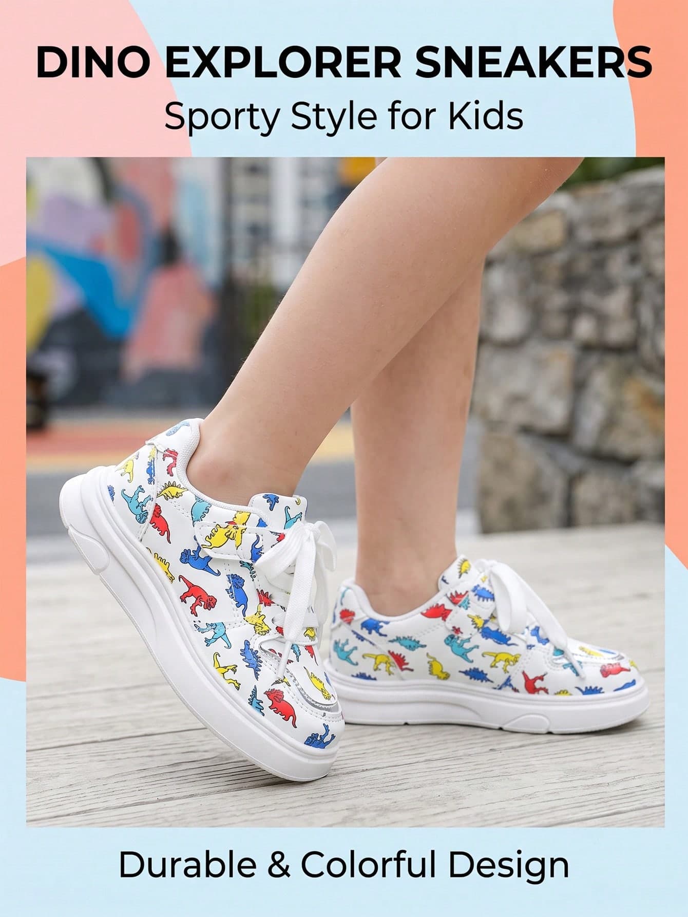 German Training Shoes Sports Shoes - [Ballet Thin Sole Casual Shoes] Boys & Girls White Cartoon Dinosaur Print Sneakers, Children's Lace-Up & Hook-And-Loop Thick Sole Flat Shoes, Cute Daily Outdoor Kids Shoes