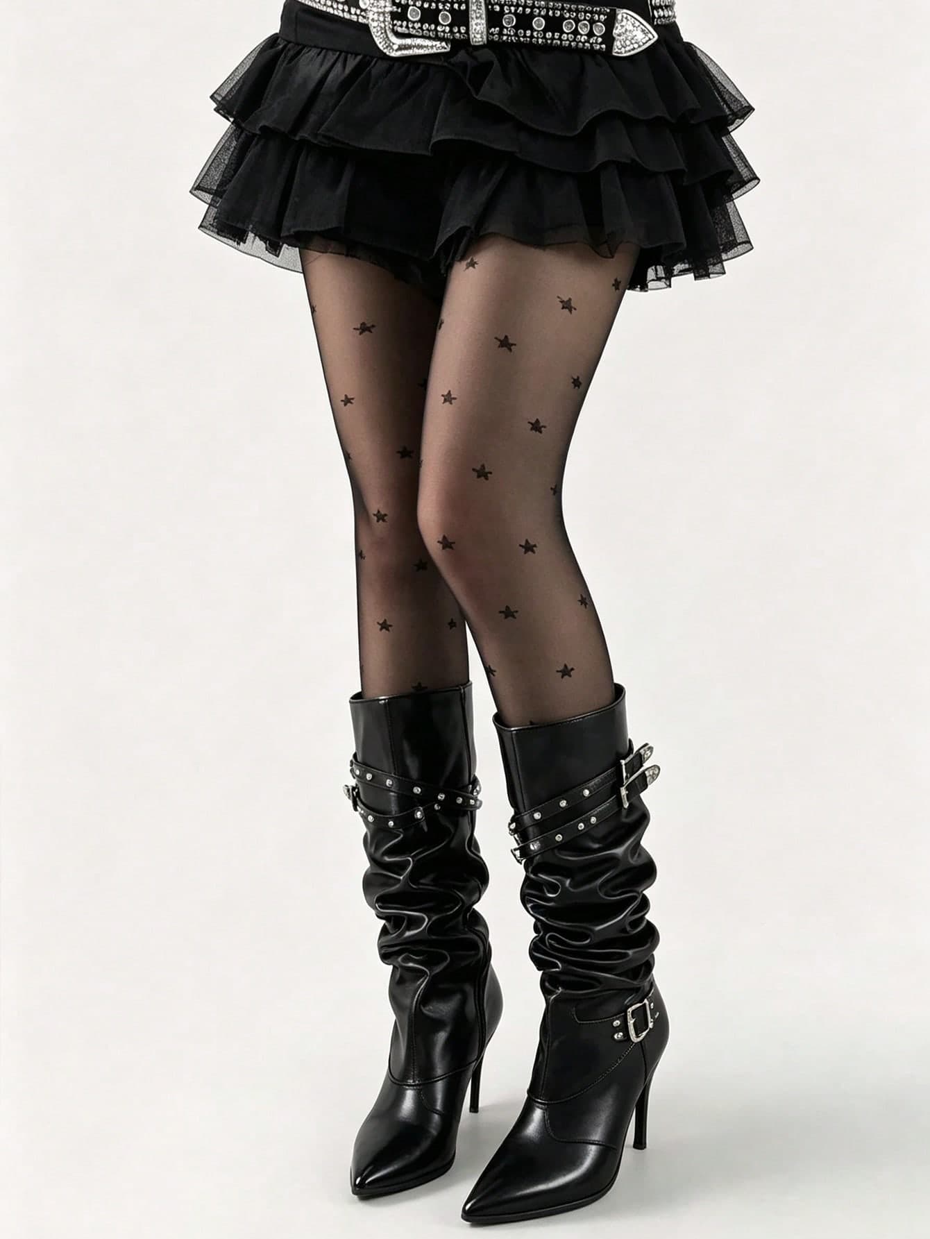 Women's Y2K Sheer Star Jacquard Pantyhose, Lolita Black See-Through Lace Tights With Star And Polka Dot Pattern
