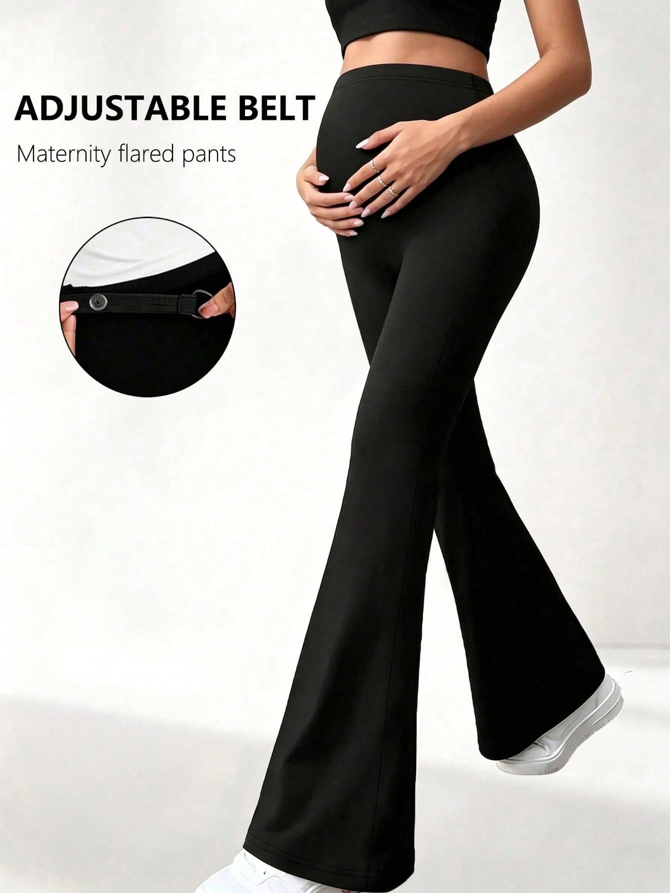 Yoga Basic Style Maternity Leggings With Adjustable Waistband. Black