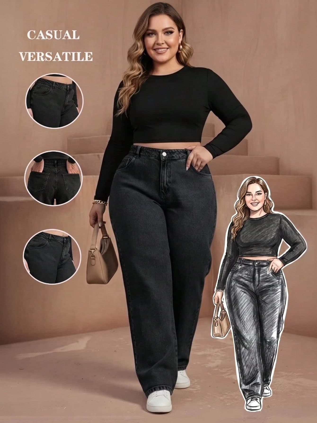 Plus Size Women's Wide Leg Jeans, Long Wash Pocket Design, Non-Stretch, Suitable For Daily Wear Spring Black