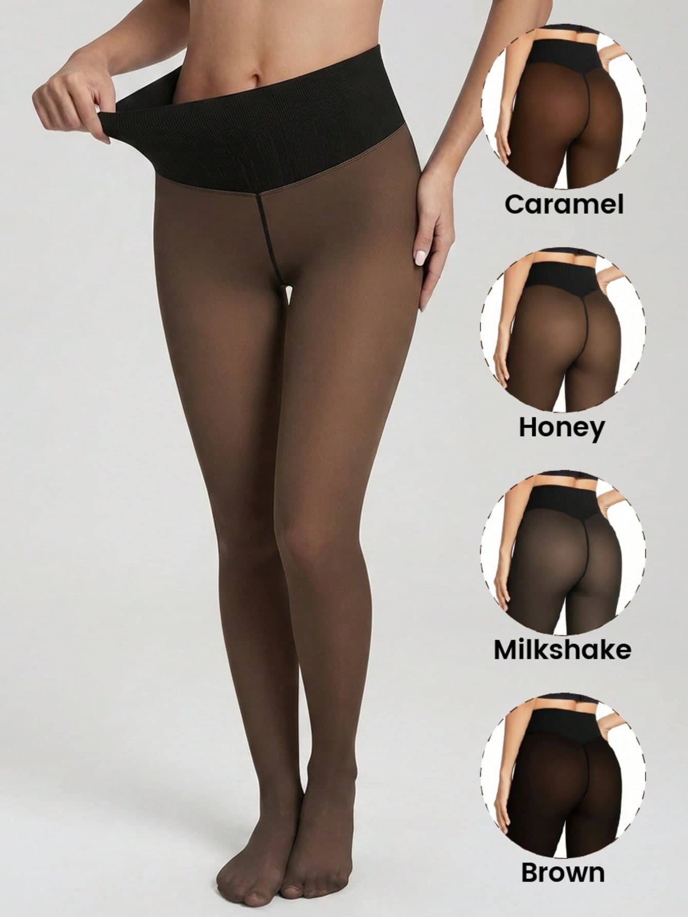 1pc Women's Maillard Seamless High Waist Thermal Lined Sheer Tights, Tummy Control No Sagging, Autumn/Winter Warm Thickened Faux Sheer Black Stockings